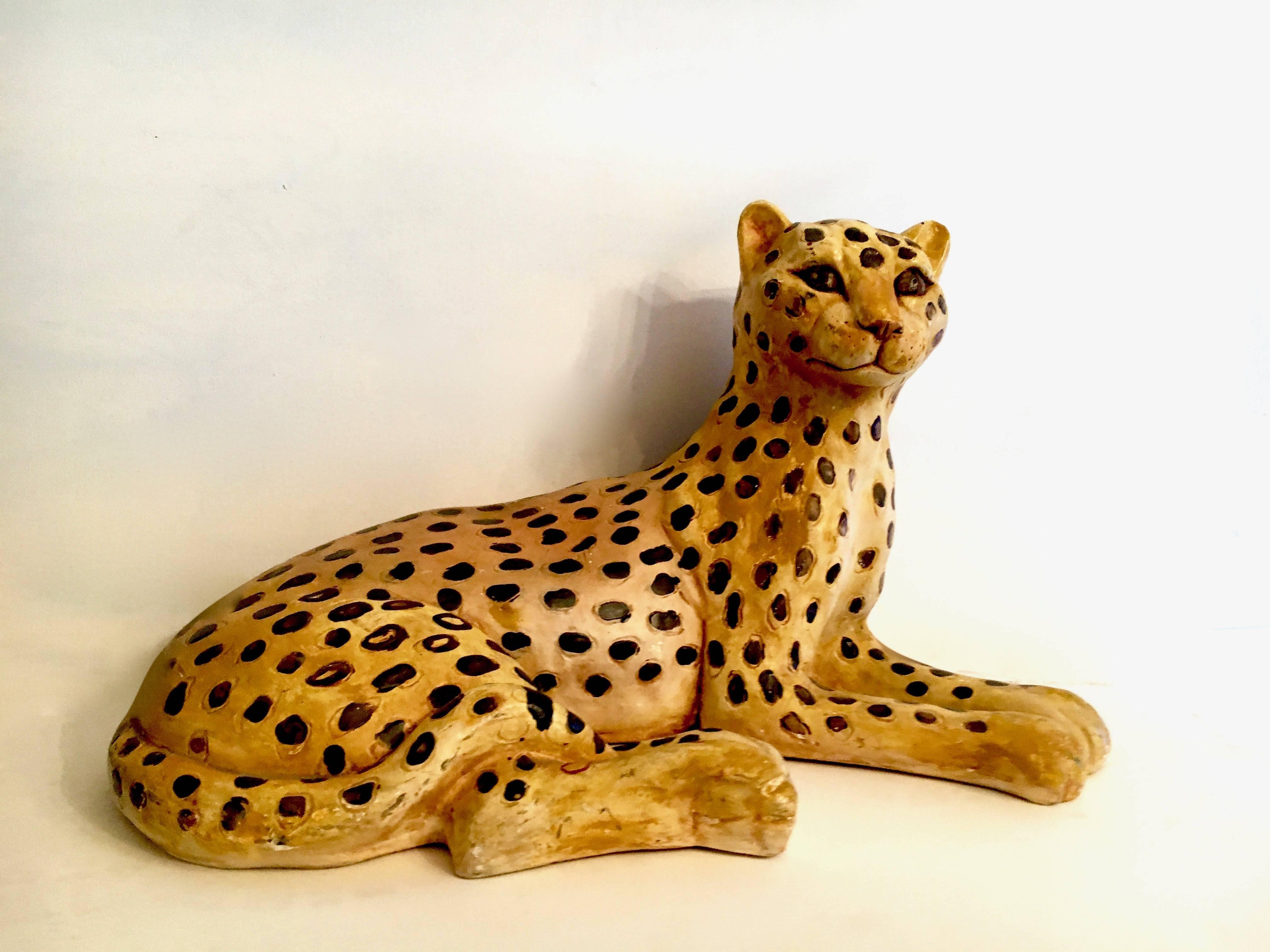 Mid-Century Modern Vintage Plaster Sculpture of a Lounging Leopard