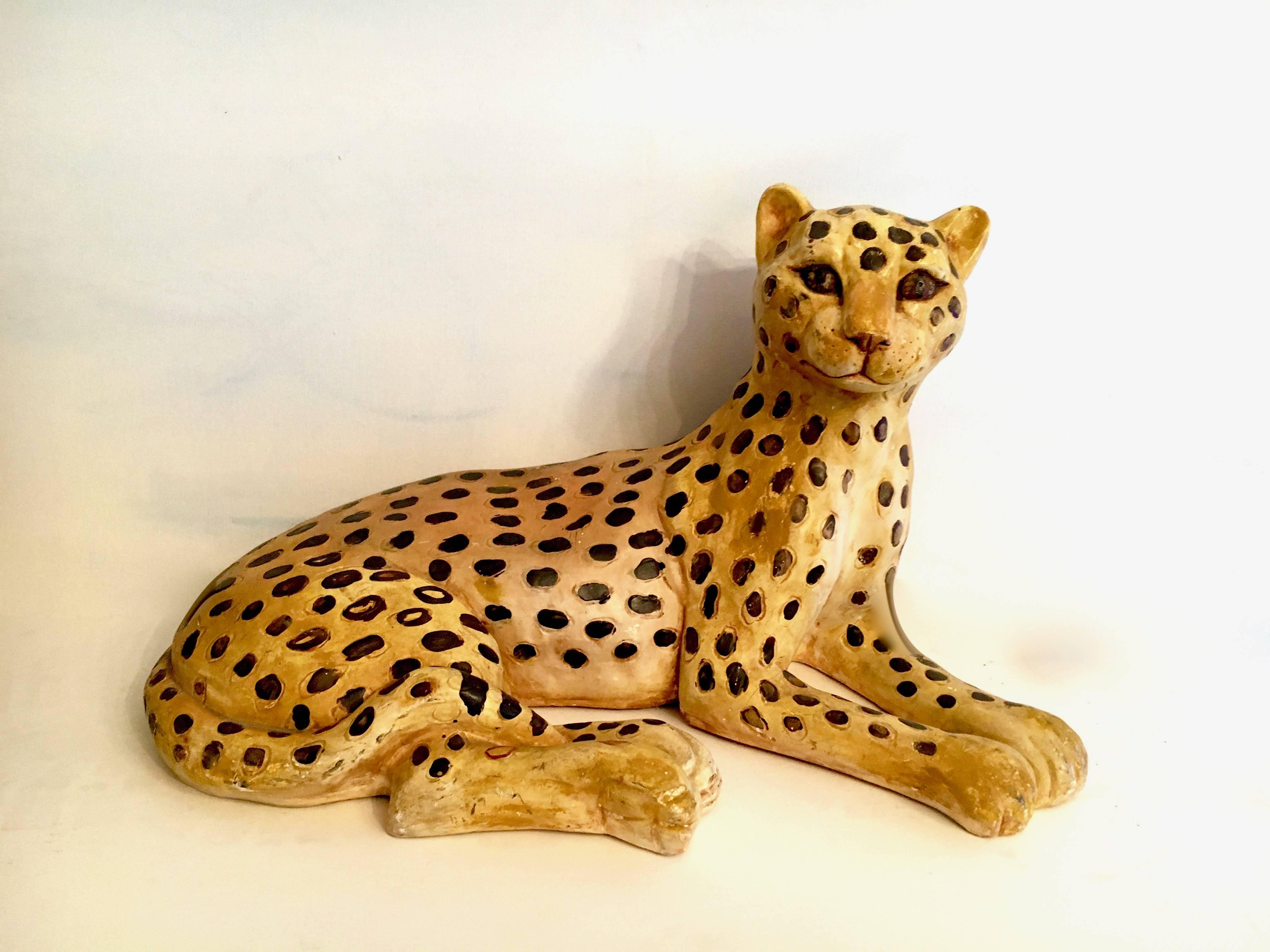 Vintage Plaster Sculpture of a Lounging Leopard In Excellent Condition In Los Angeles, CA