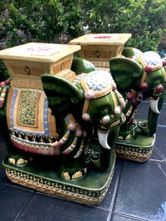 Pair of Italian Glazed Terra Cotta Elephant Garden Stools Tables, circa 1960s