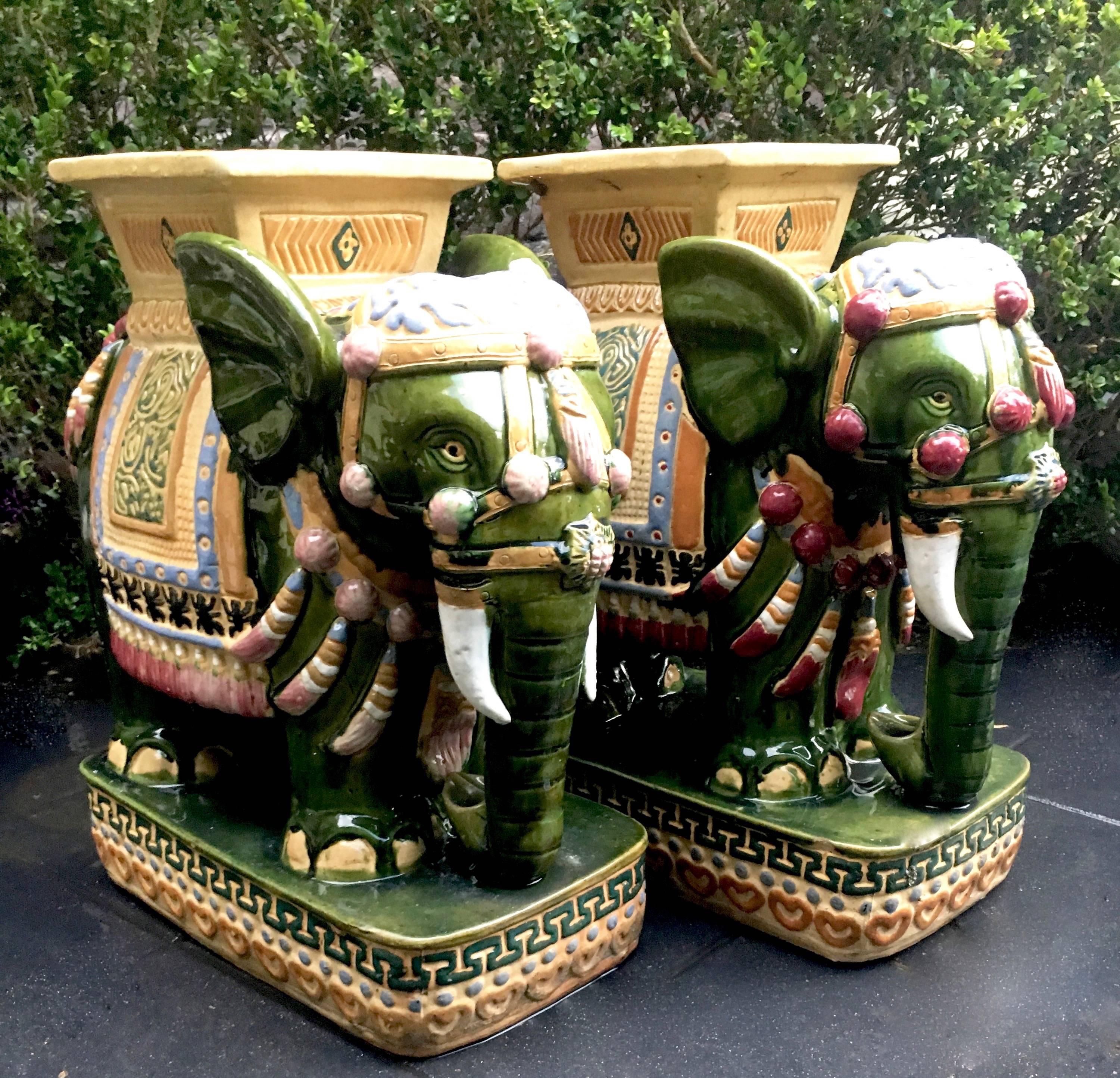 20th Century Pair of Italian Glazed Terra Cotta Elephant Garden Stools Tables, circa 1960s