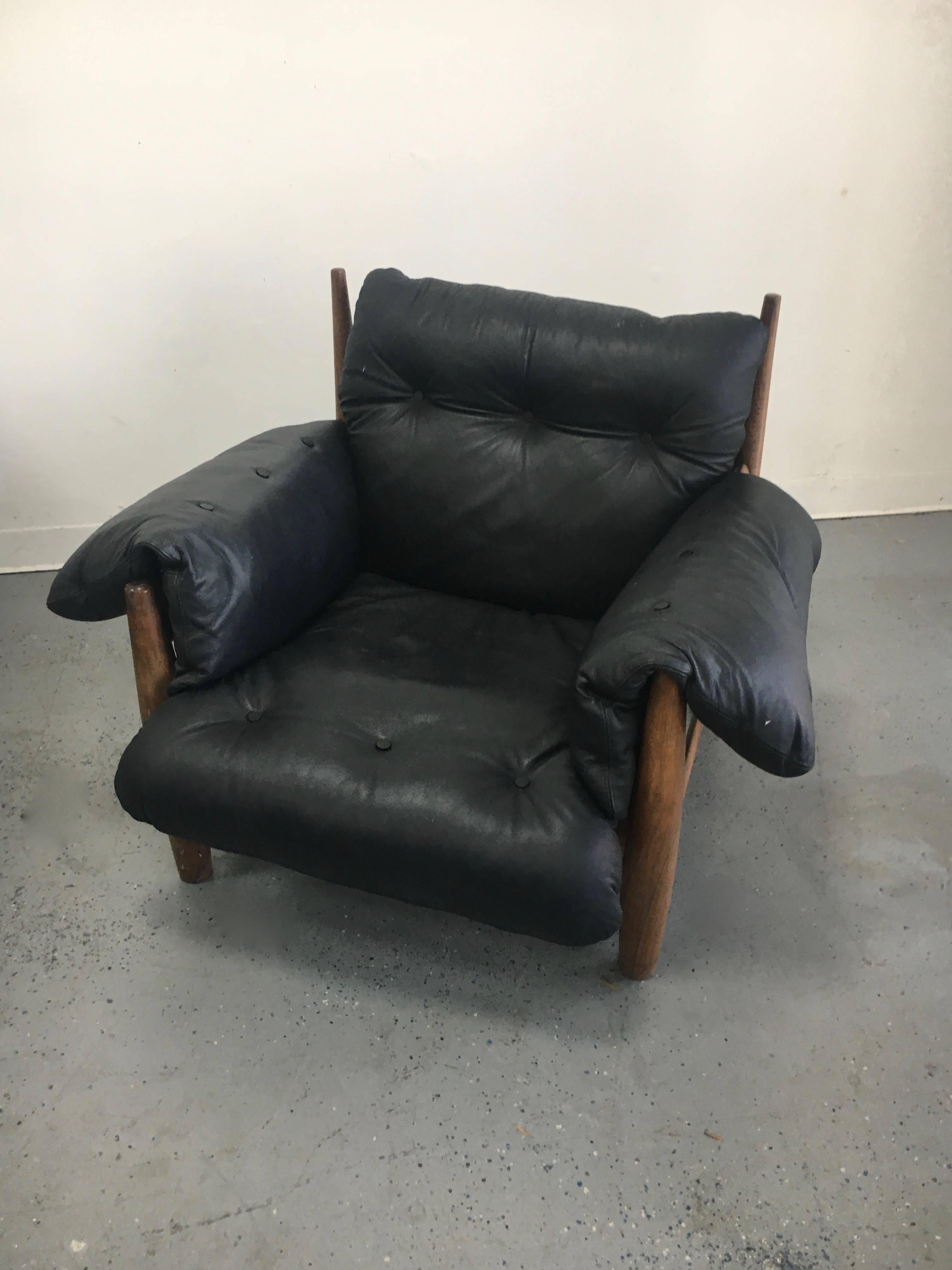 Mid-Century Modern Sergio Rodrigues Black Leather Mole Chair and Ottoman
