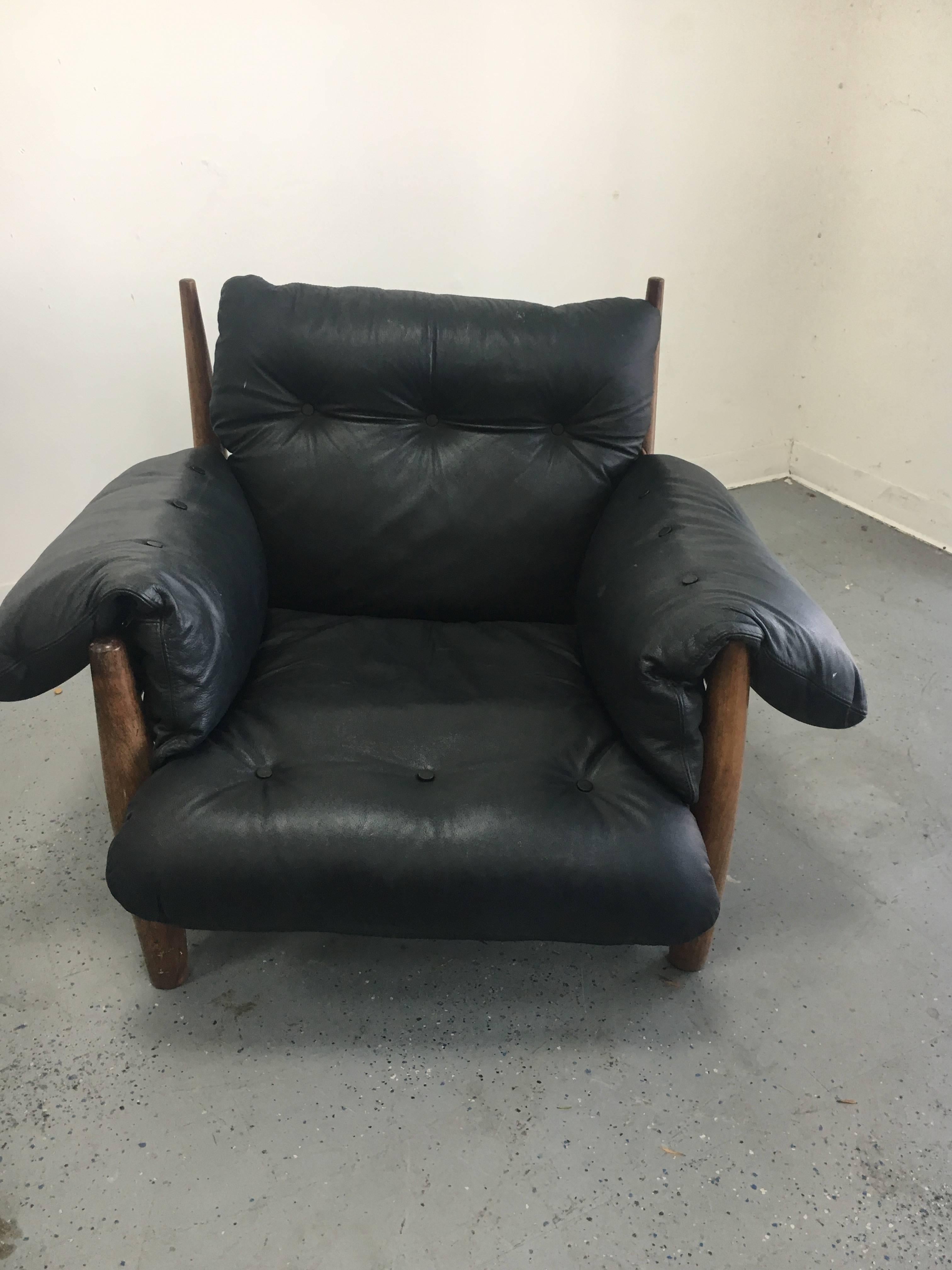 Brazilian Sergio Rodrigues Black Leather Mole Chair and Ottoman