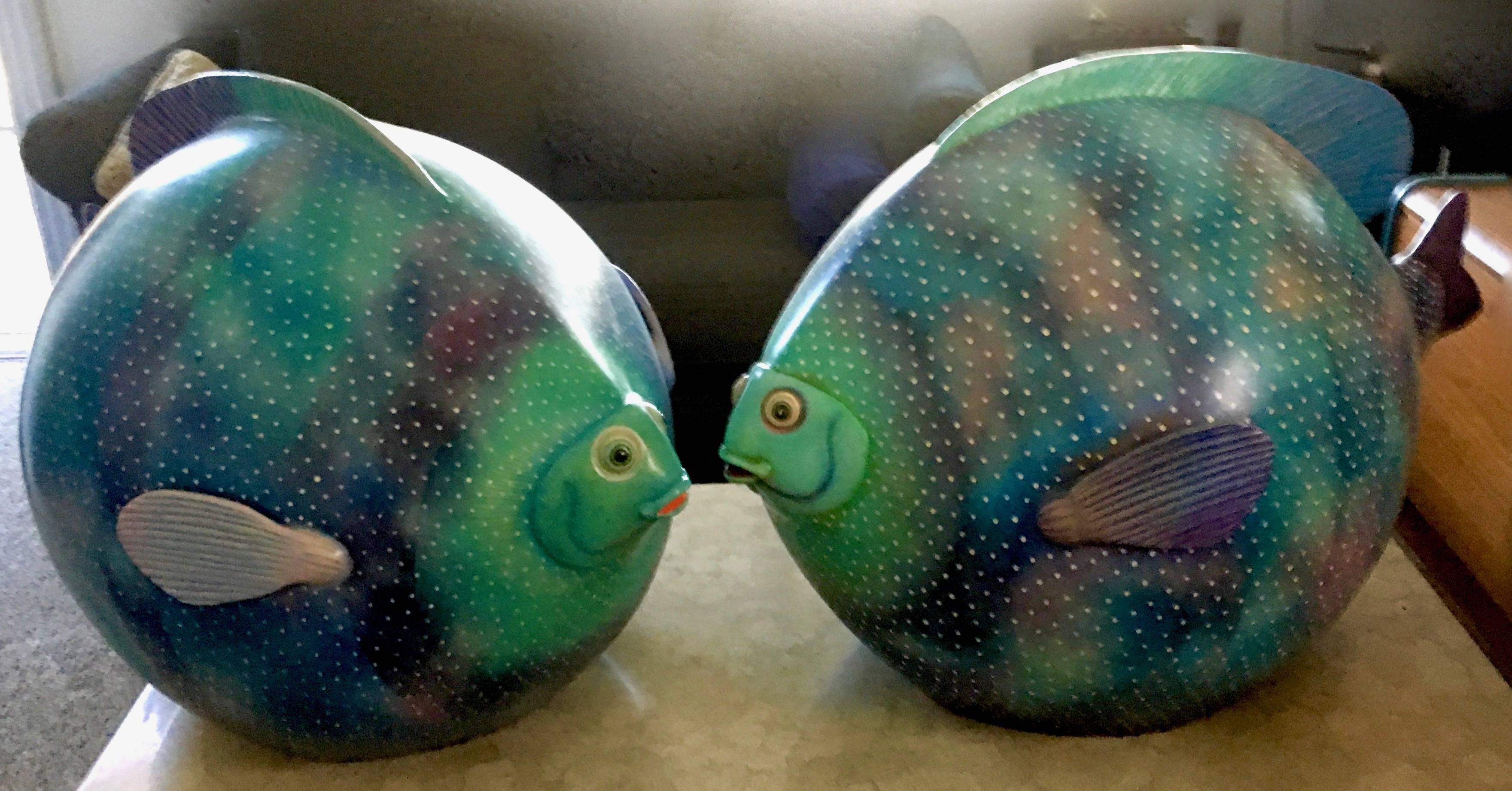 Glazed Pair of Signed Ceramic Fish Sculpture by Mexican Artist Sergio Bustamante For Sale
