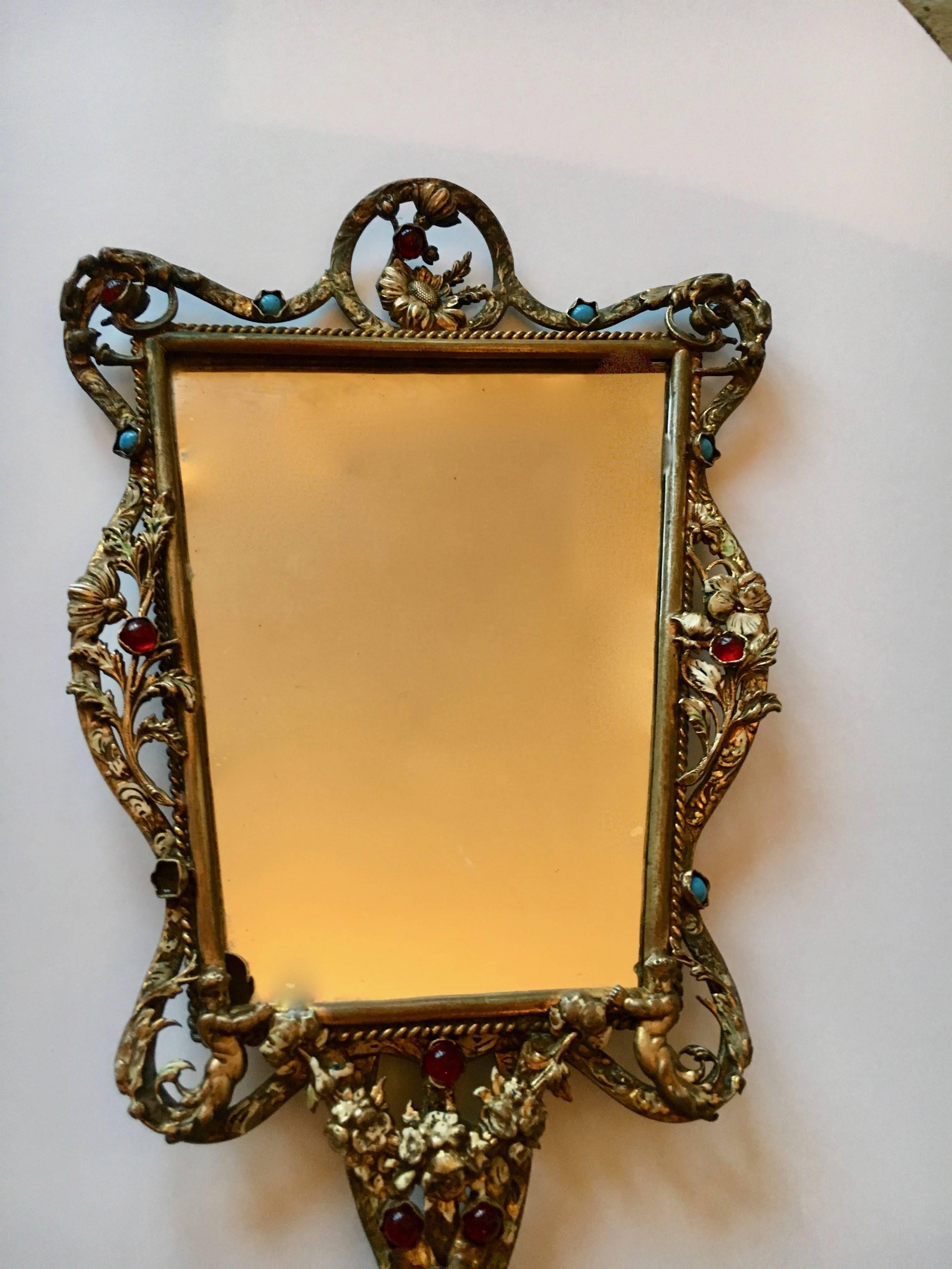 Filagree Hand Mirror with Stones In Good Condition In Los Angeles, CA