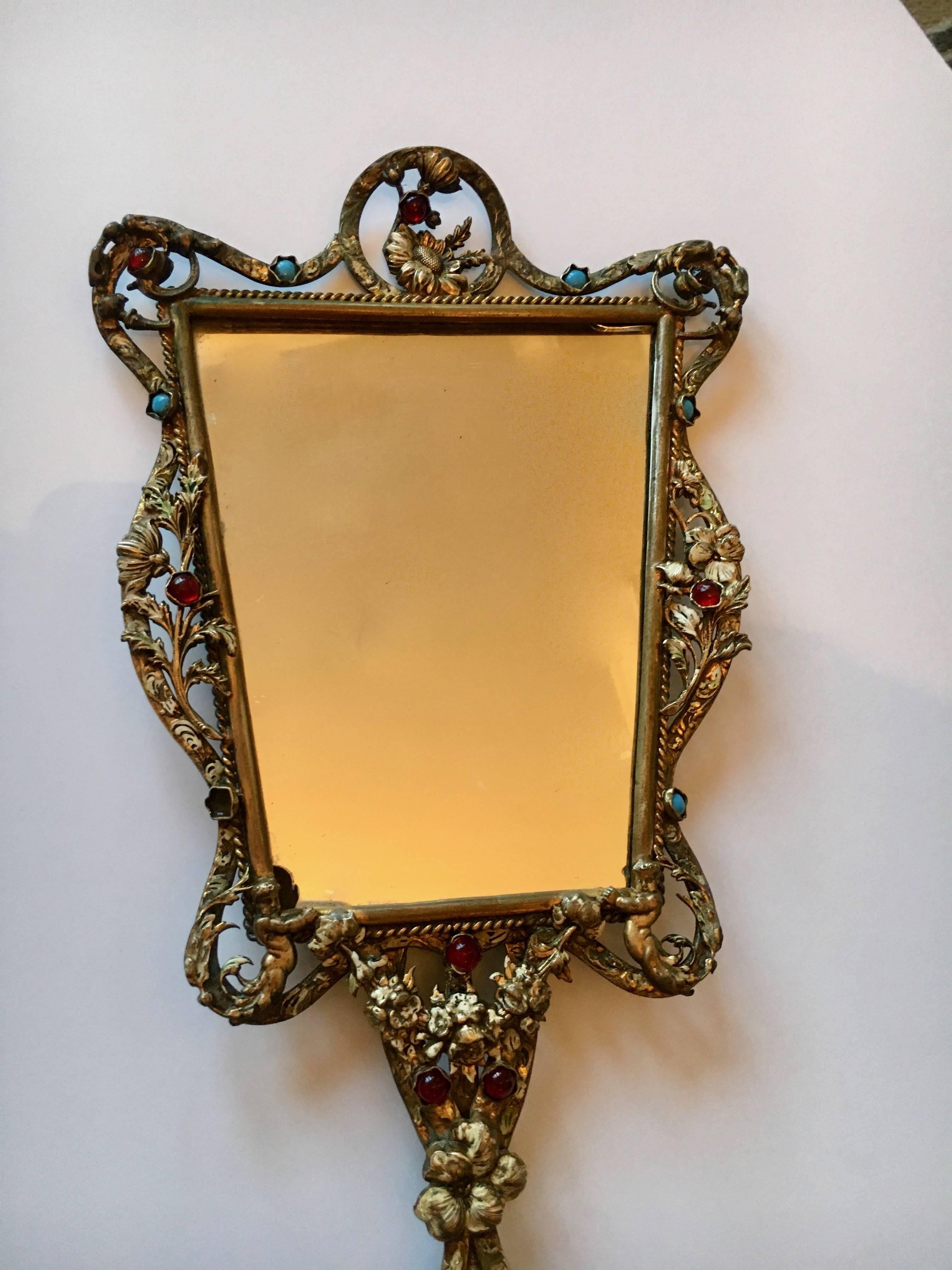 Brass Filagree Hand Mirror with Stones