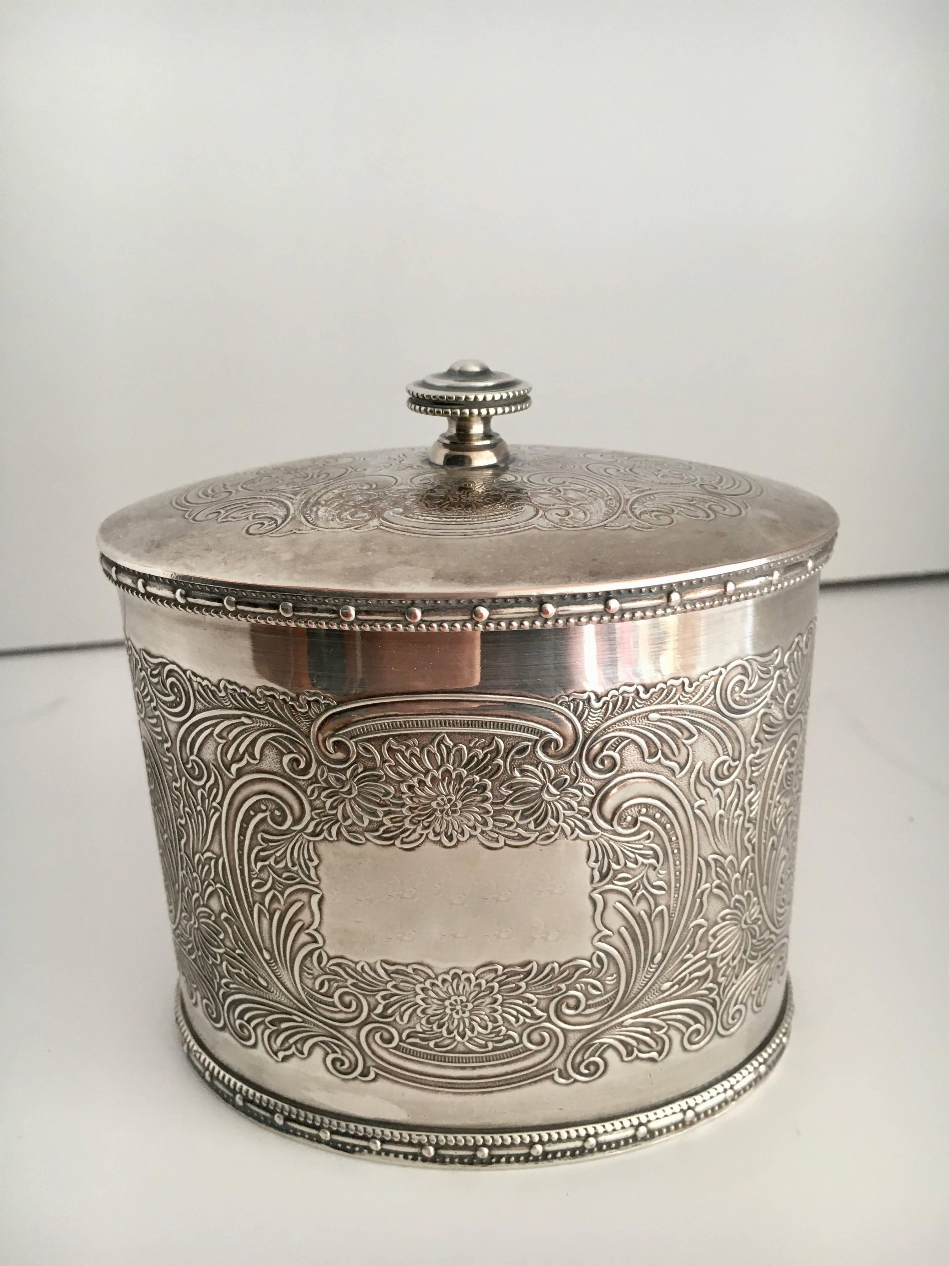 Barker Ellis English Silver Plate Tea Caddy Tobacco Jar with Hallmarks - petite and lovely - Darren Ransdell Design has many plated pieces - of all kinds.

This piece does have a monogram that we will remove if the customer prefers.