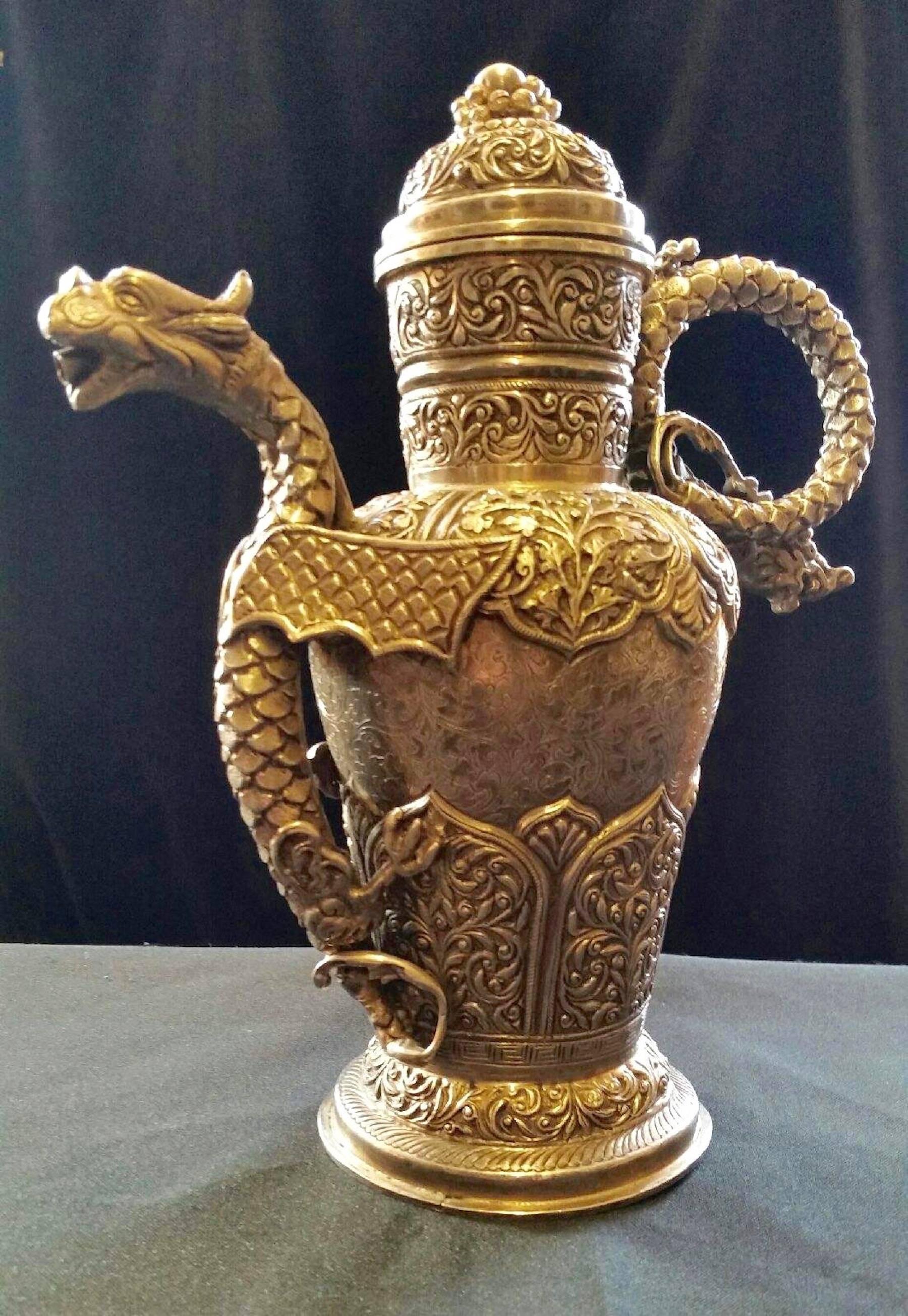 20th Century Tibetan Repousse Silver Dragon Teapot
