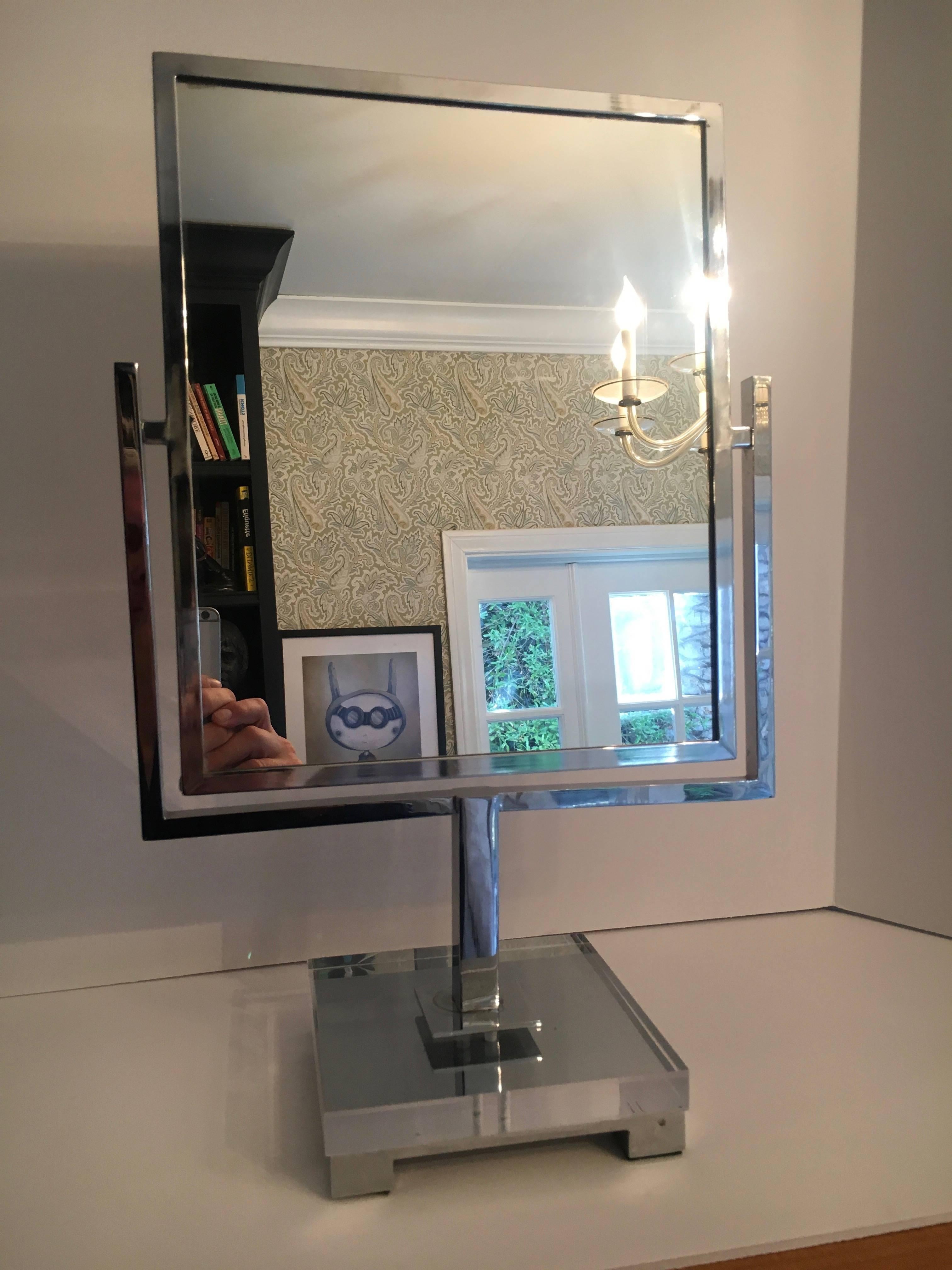 Charles Hollis Jones Chrome and Acrylic Table Vanity Mirror In Excellent Condition In Los Angeles, CA