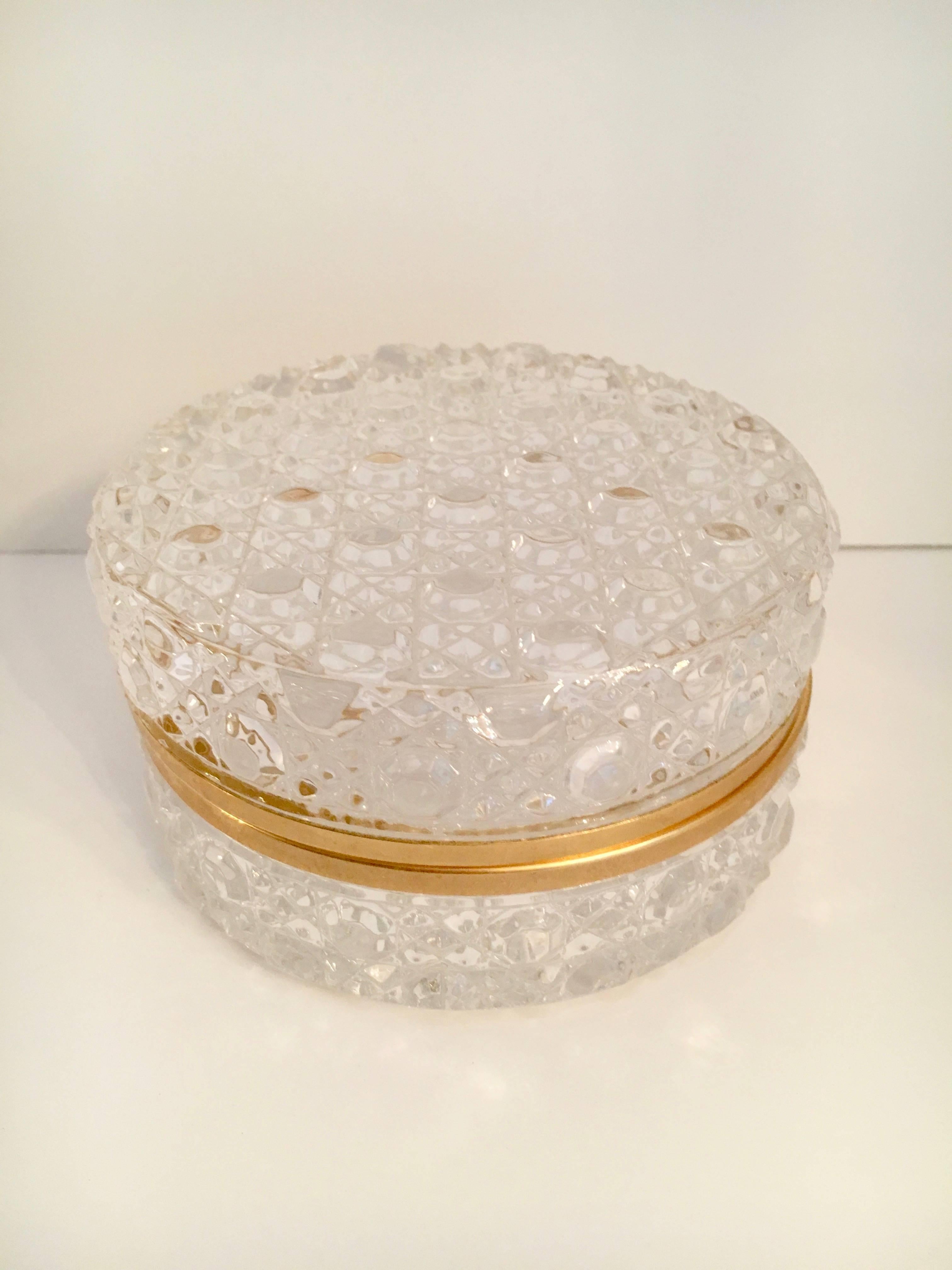 Round glass box with brass detail and closure - beautiful and brilliant box with hexagon pattern details - brass rim and closure. Great for storage or decorative uses. Jewelry to candy.