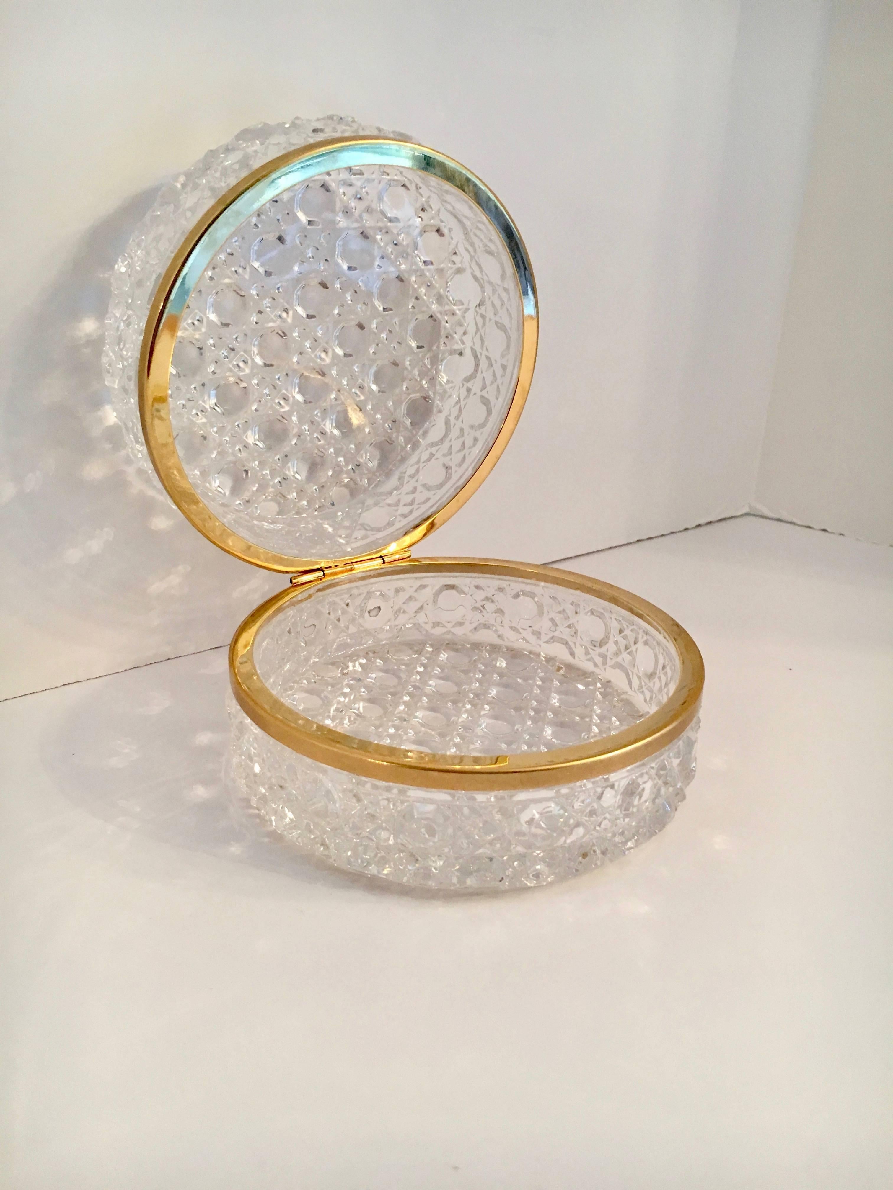 Round Glass Box with Brass Detail and Closure In Excellent Condition In Los Angeles, CA