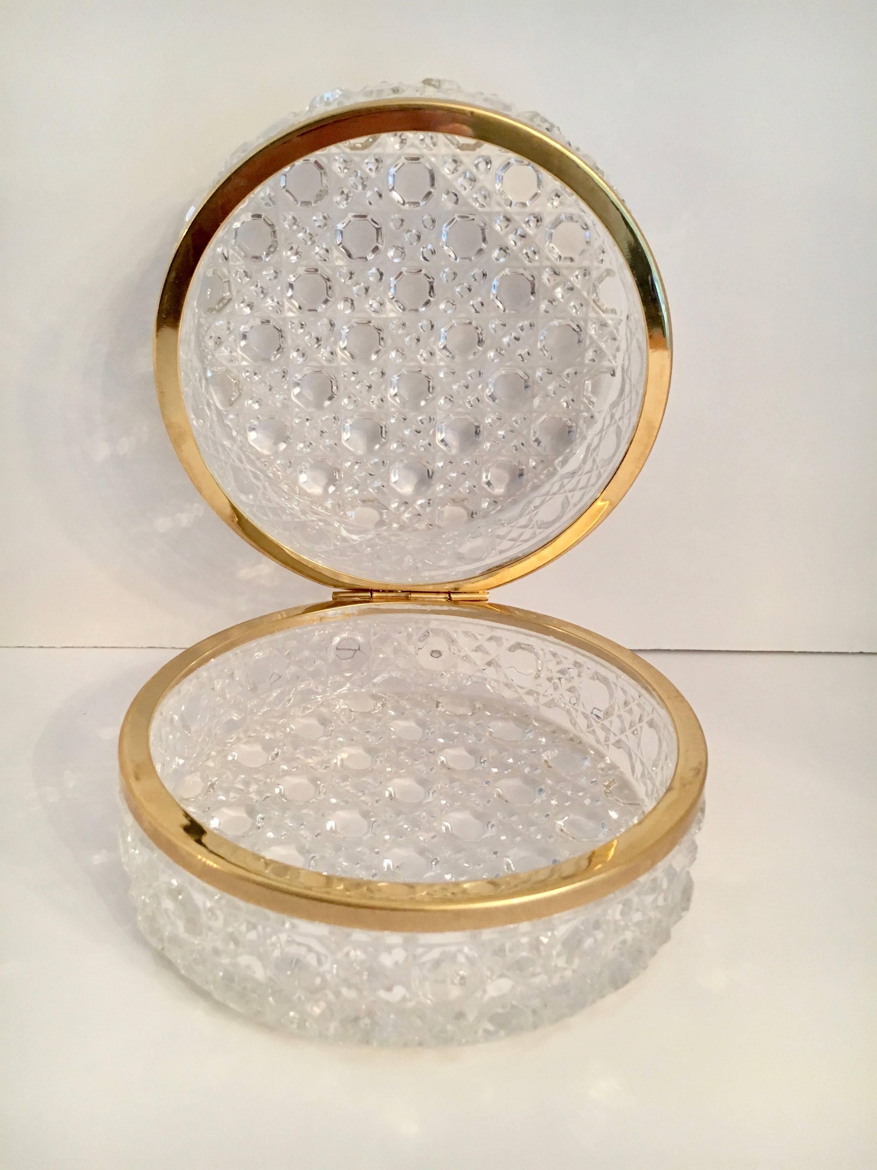 Mid-Century Modern Round Glass Box with Brass Detail and Closure