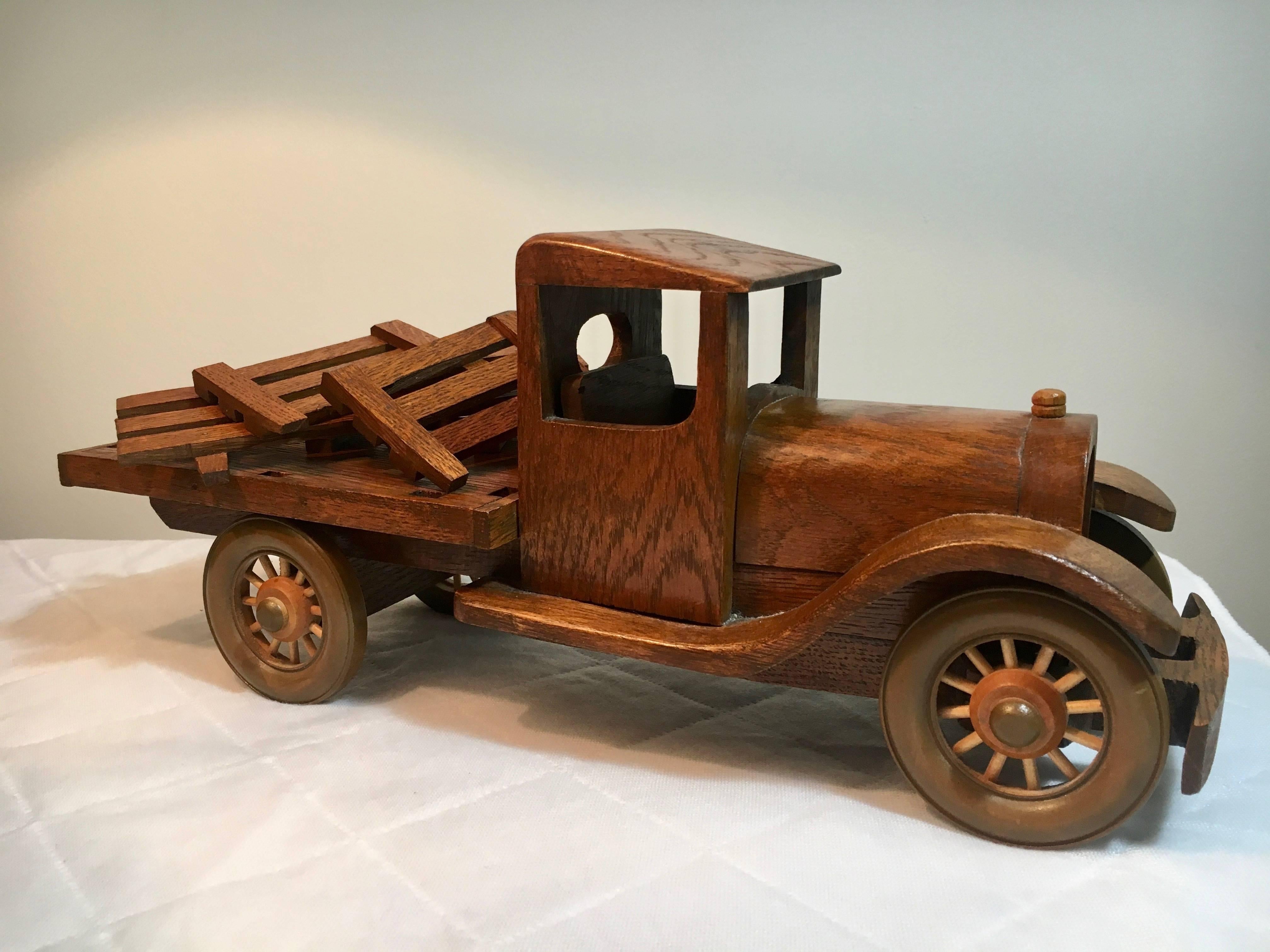 Cherry Signed Wooden Folk Art Truck with Removable Stakes