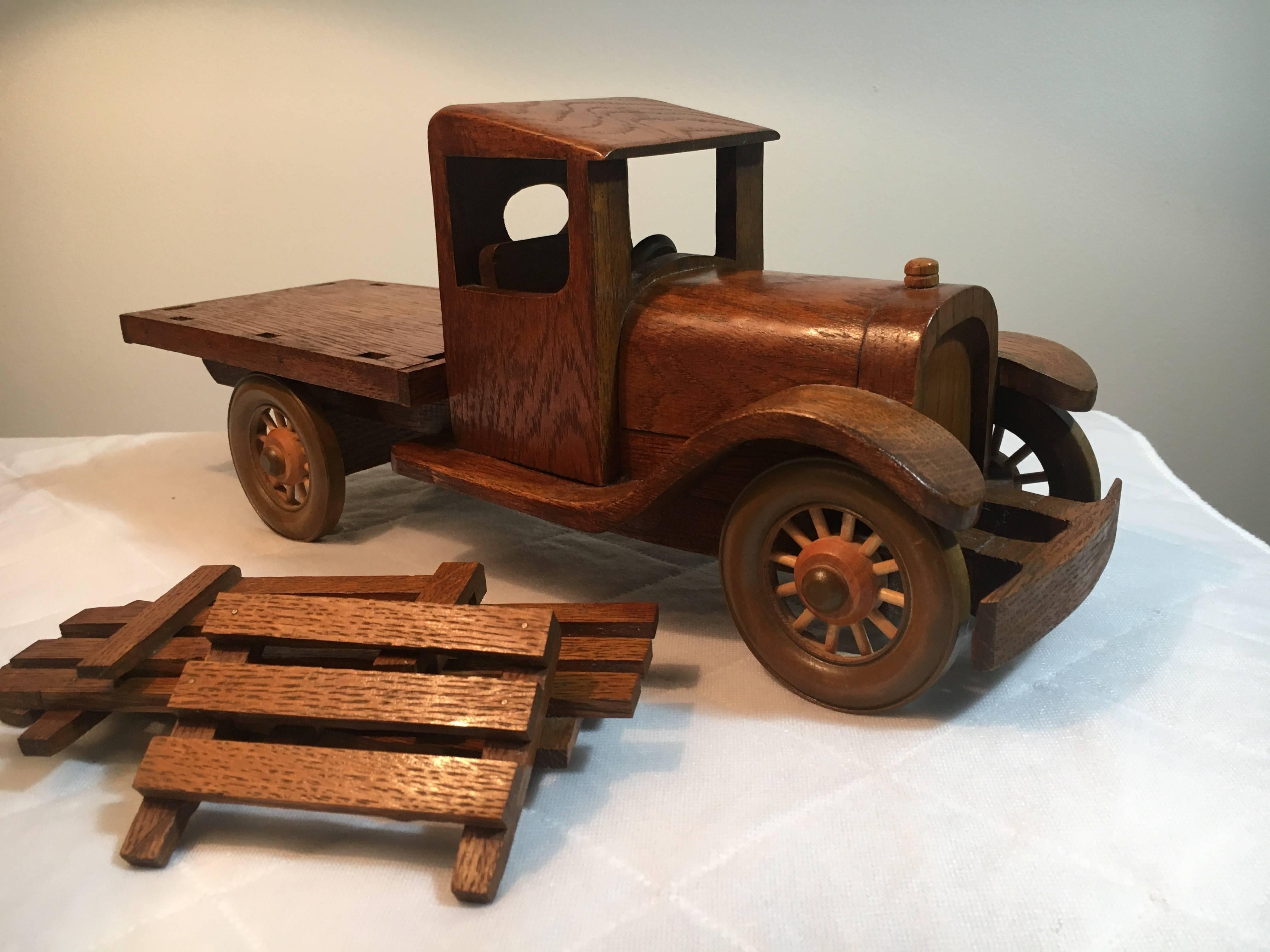 20th Century Signed Wooden Folk Art Truck with Removable Stakes