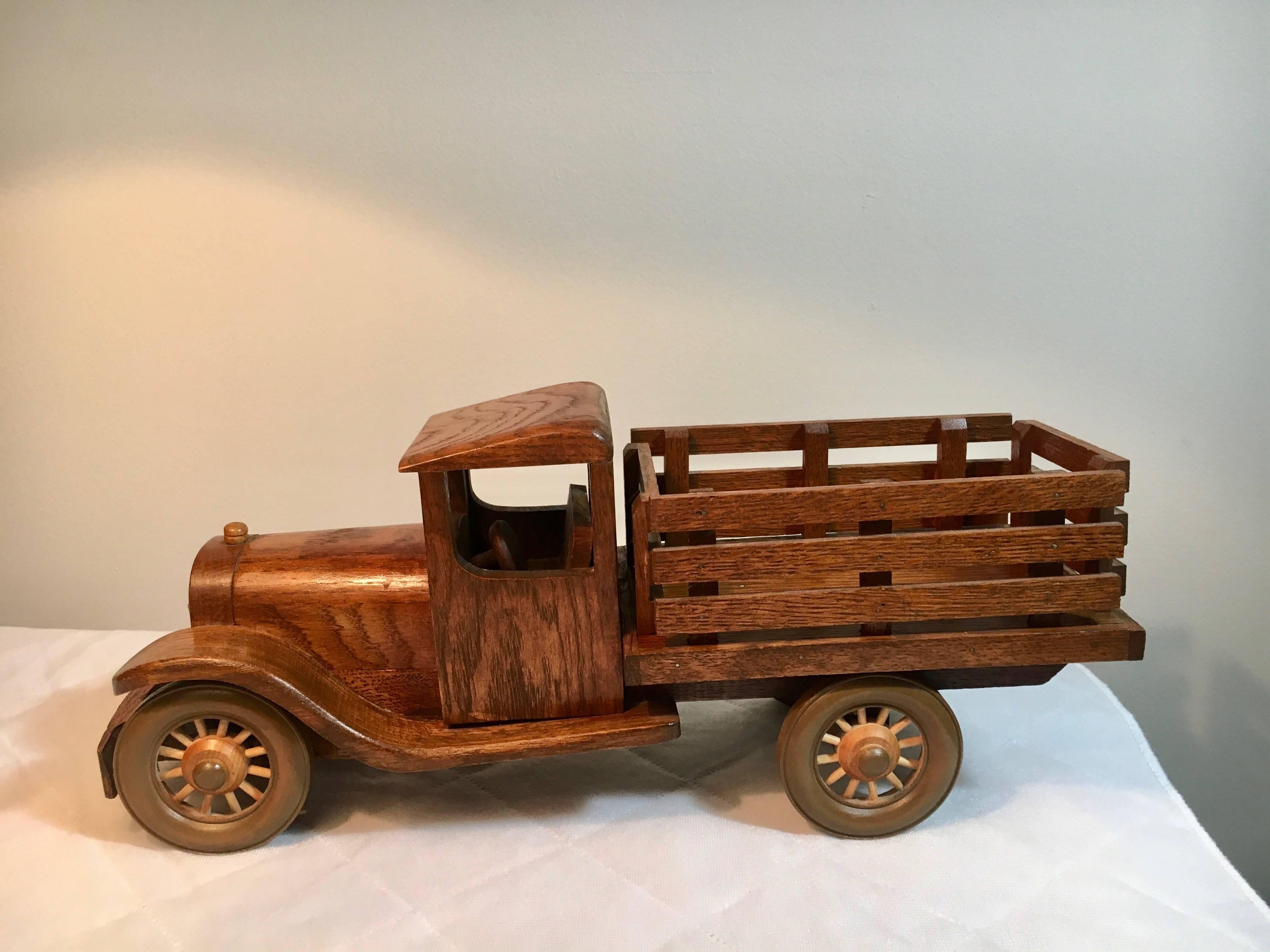 Signed Wooden Folk Art Truck with Removable Stakes 2