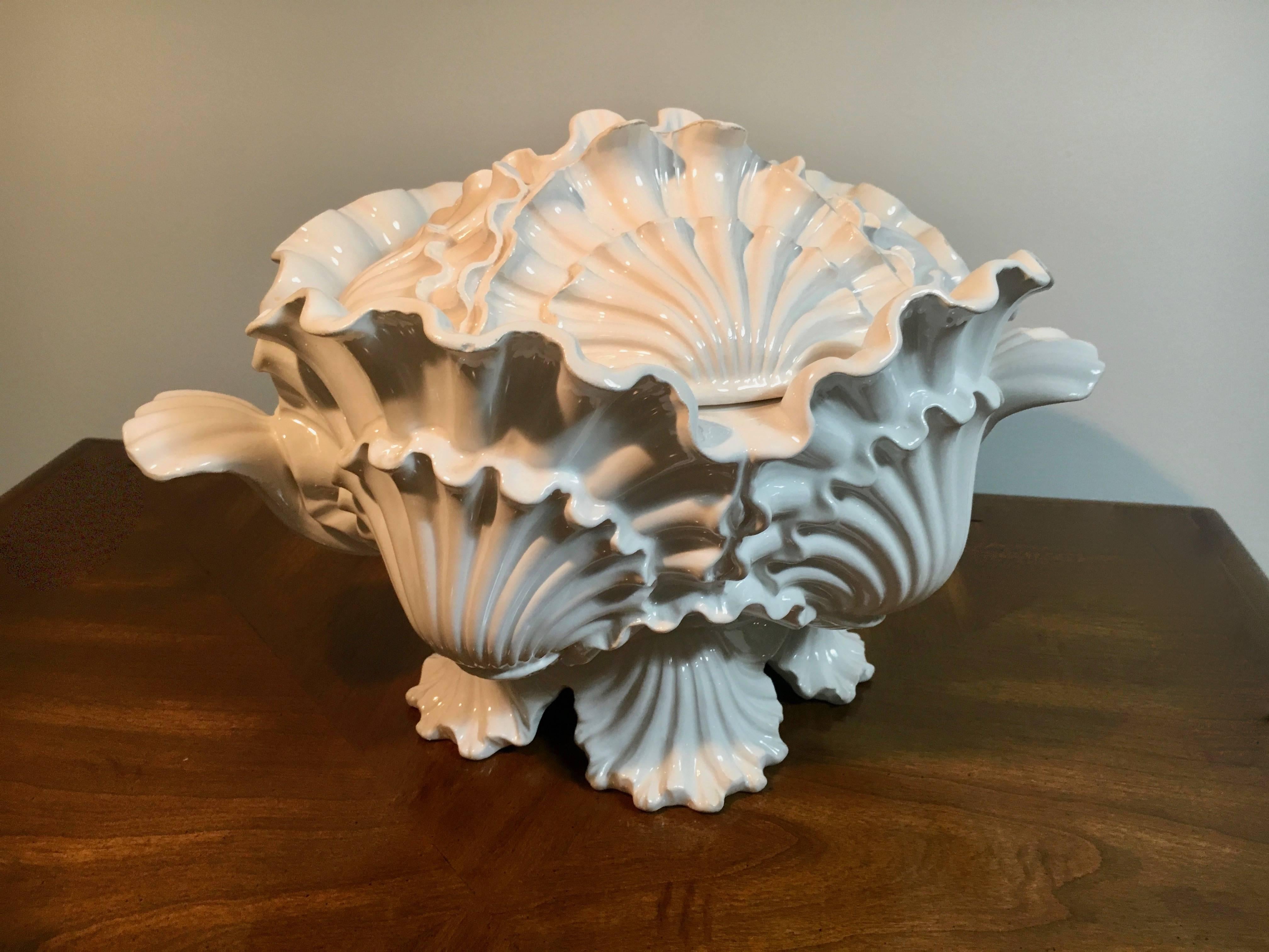 Mid-Century Modern Italian Ceramic Shell Motif Soup Tureen