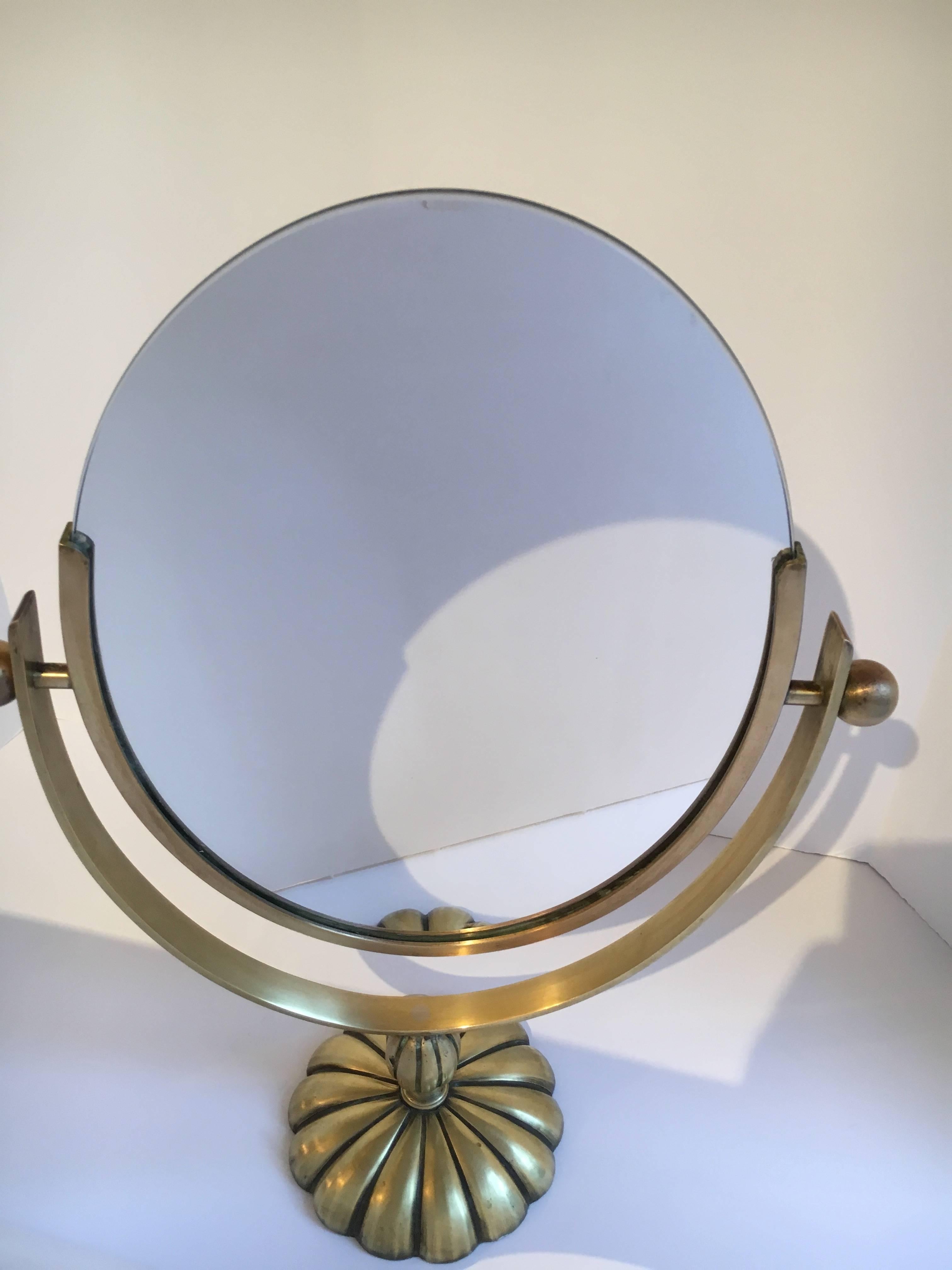 Mid-Century Modern Charles Hollis Jones Brass Mirrorm with Flower Base