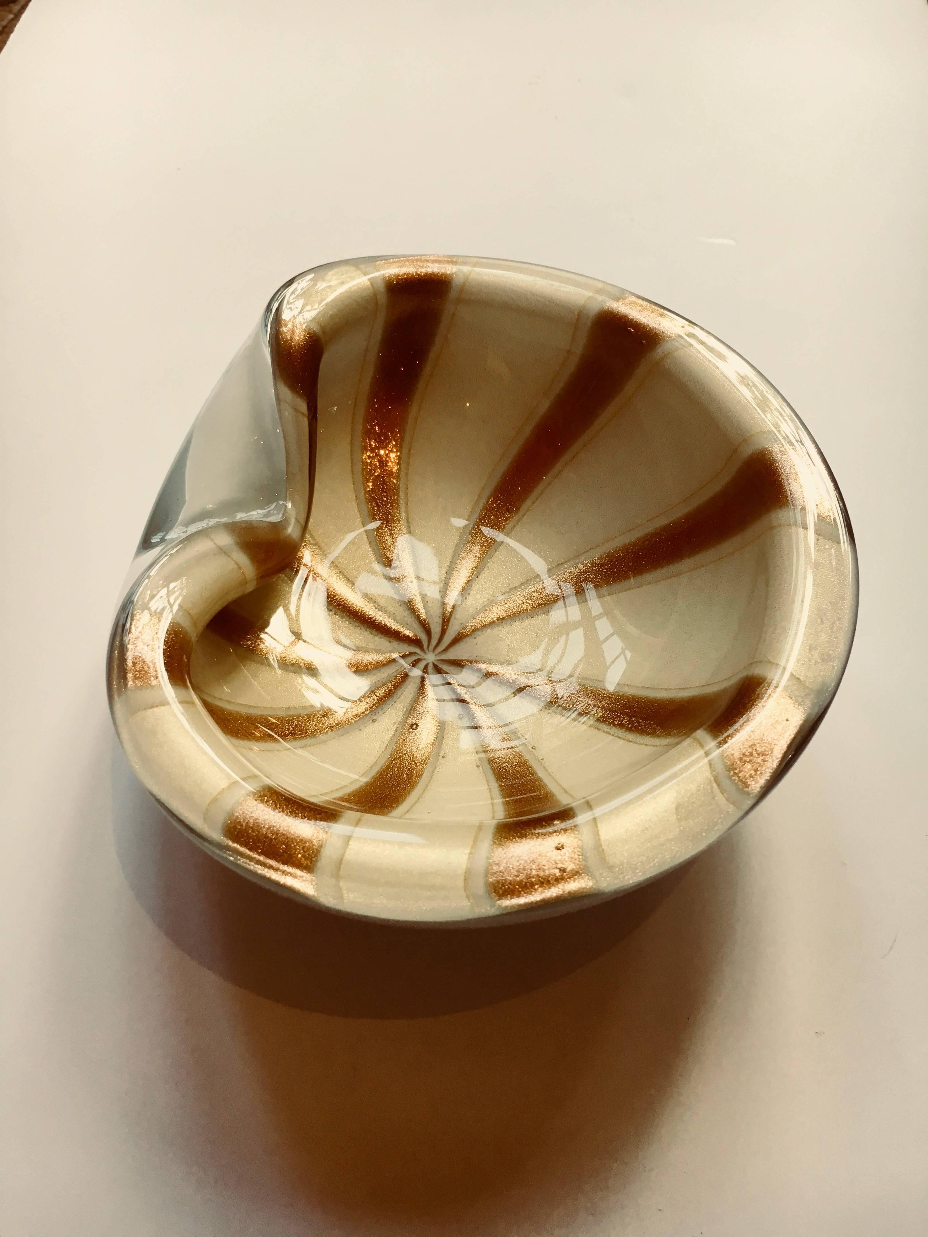 Mid-Century Modern Murano Candy Nut Dish with Gold Variegated Bands