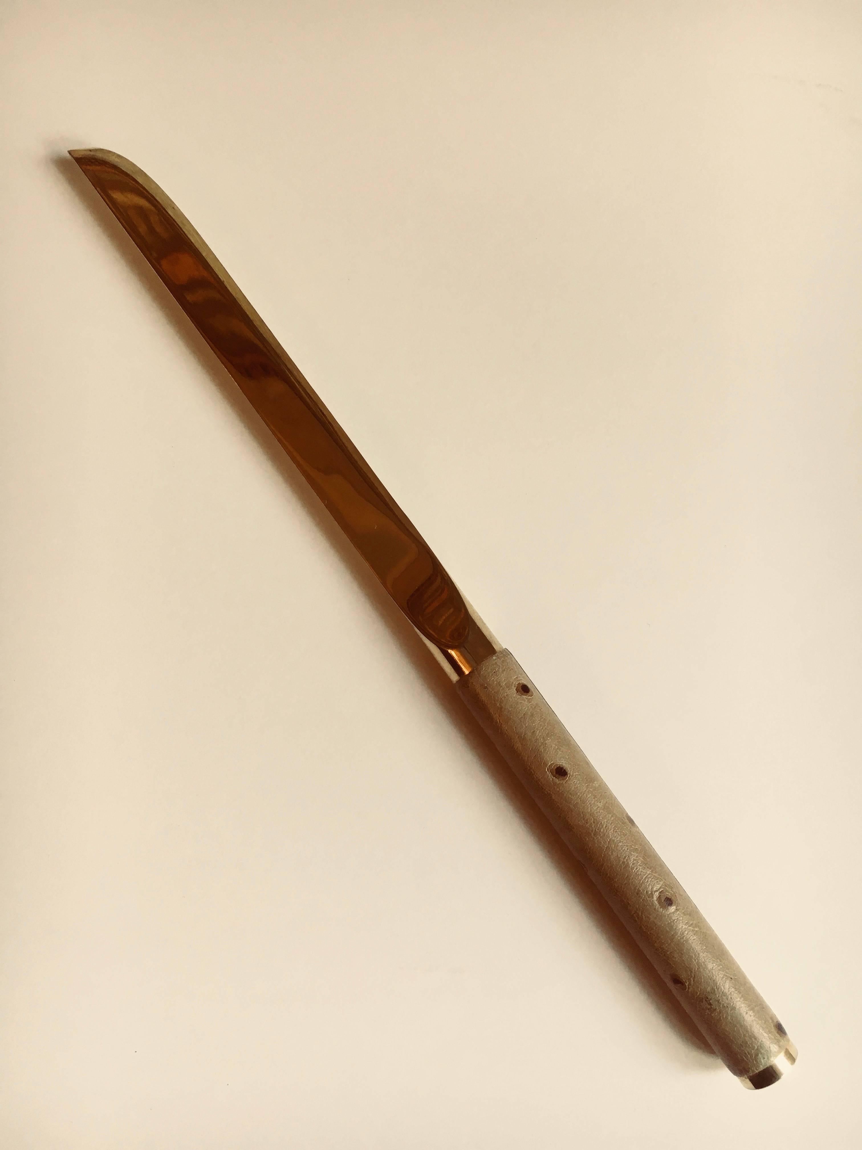 Ostrich Leather Handle Letter Opener with Brass Knife After Karl Springer In Good Condition For Sale In Los Angeles, CA