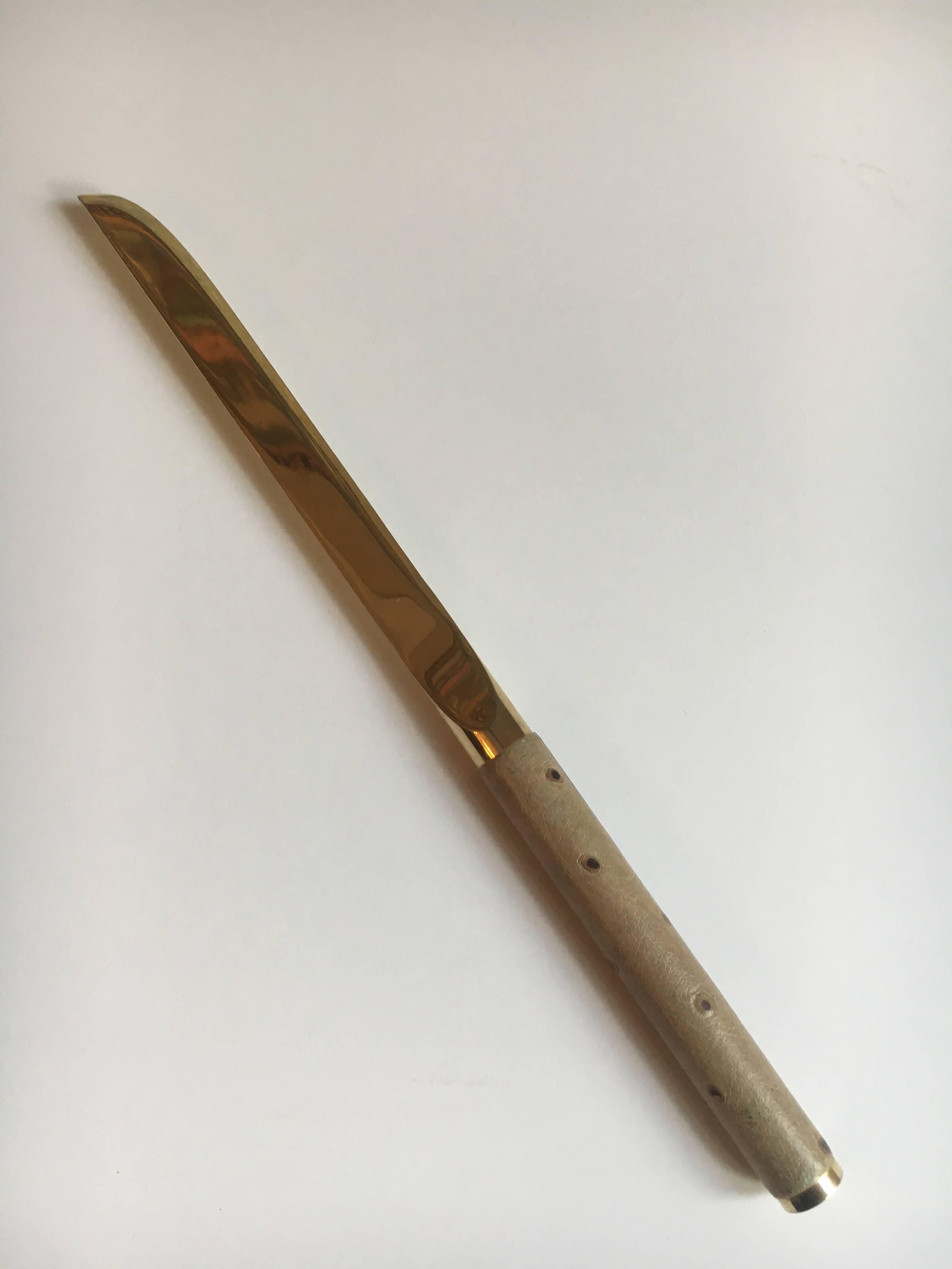20th Century Ostrich Leather Handle Letter Opener with Brass Knife After Karl Springer For Sale