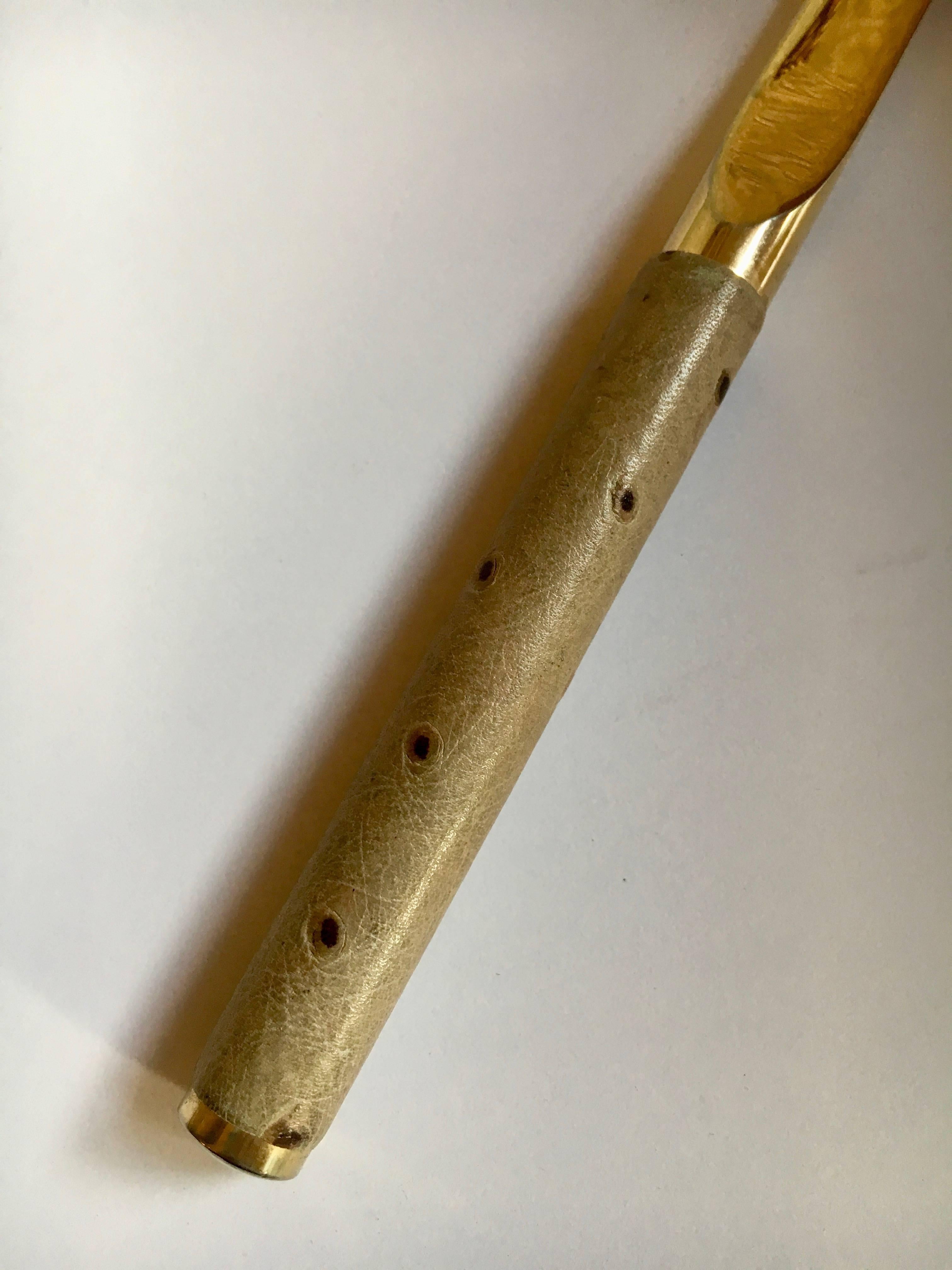 Mid-Century Modern Ostrich Leather Handle Letter Opener with Brass Knife After Karl Springer For Sale