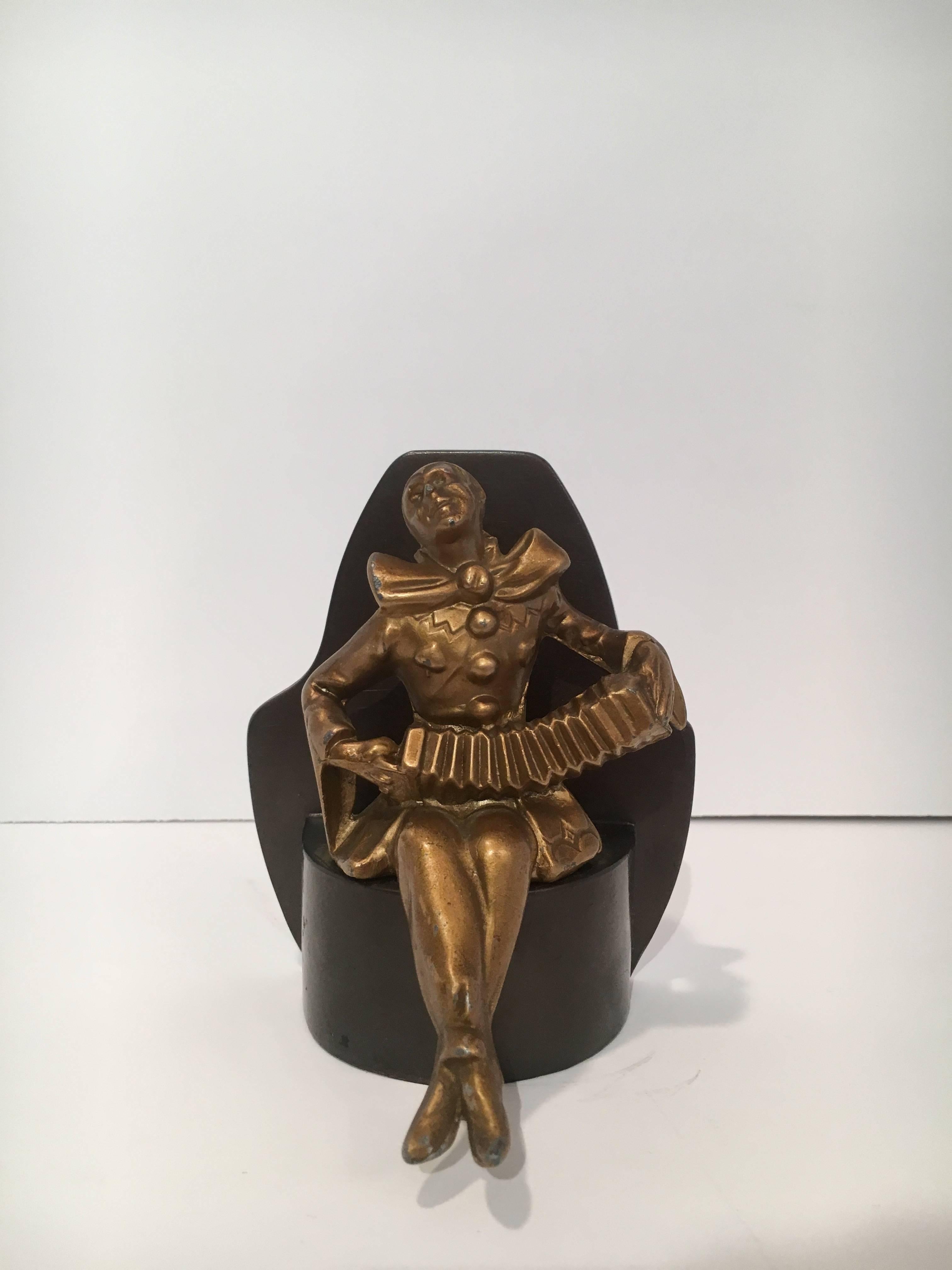 20th Century Art Deco Gold Jester Bookend on Black Base For Sale