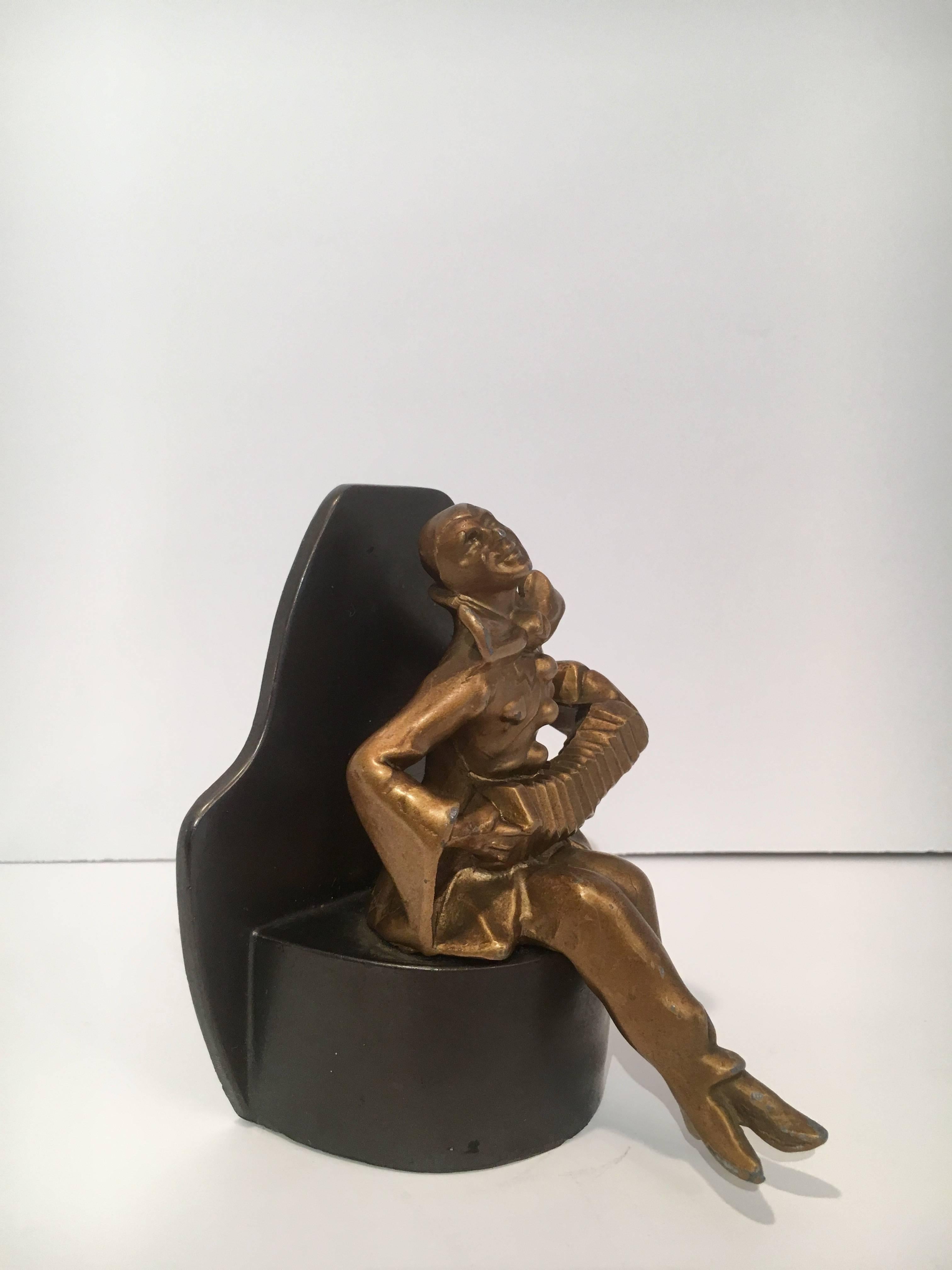 Art Deco Gold Jester Bookend on Black Base In Good Condition For Sale In Los Angeles, CA