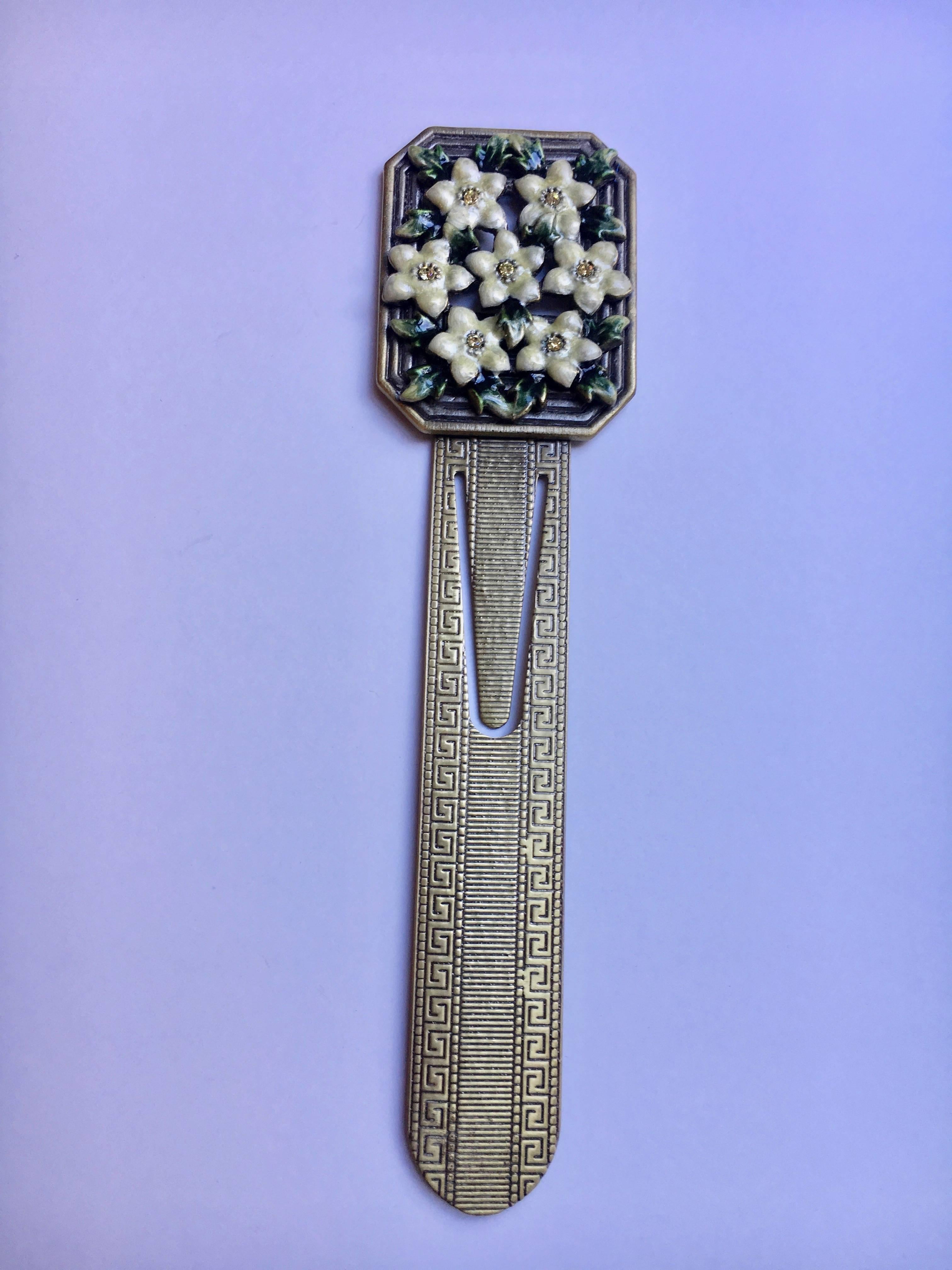 French enamel and Brass Bookmark with Semi Precious stones - perfect for the avid reader who likes to be Novel! This bookmark has a lovely floral detail that sparkles in the reading light.