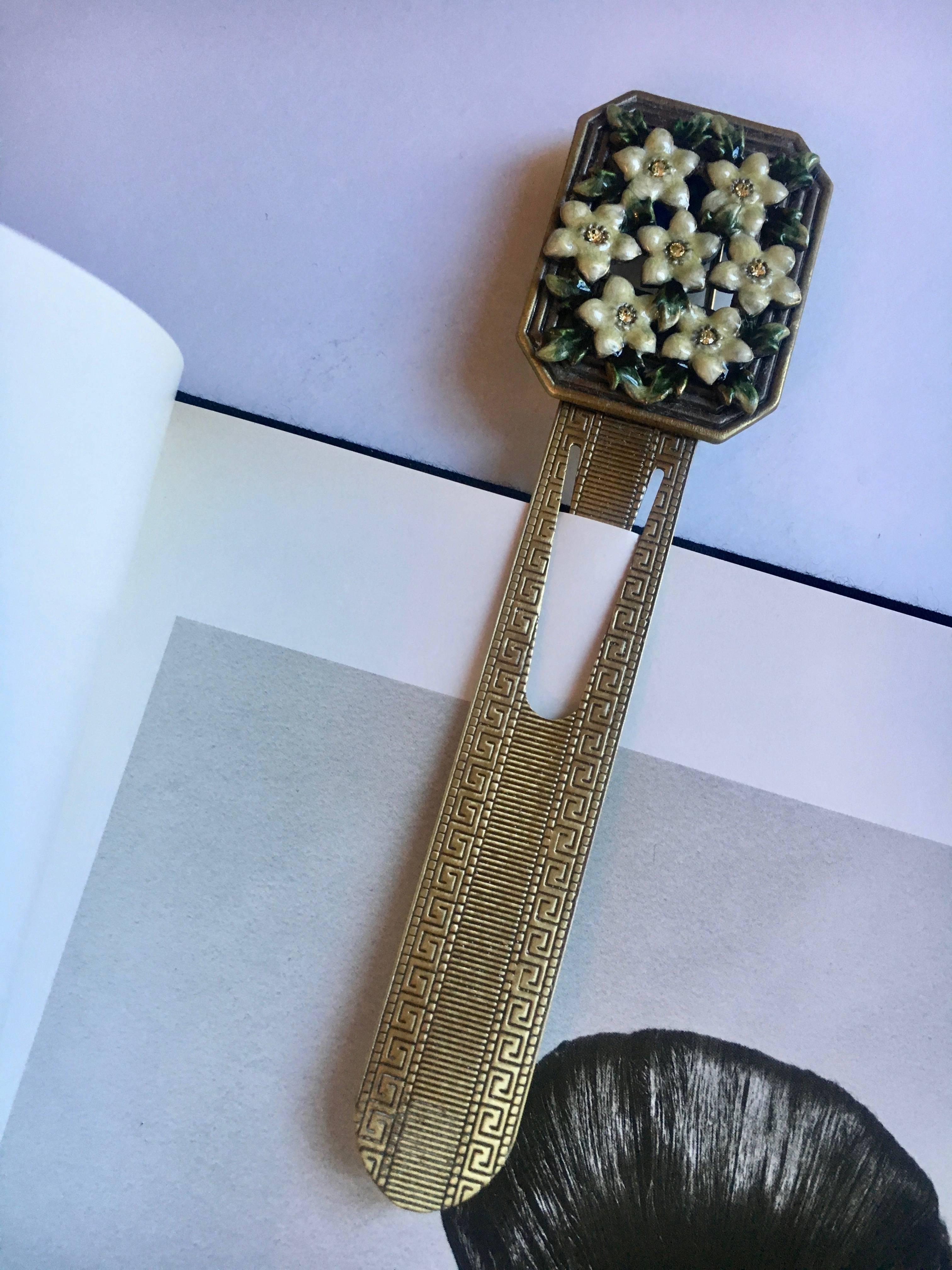 French Enamel and Brass Bookmark with Semi Precious Stones and Floral Detail In Good Condition In Los Angeles, CA