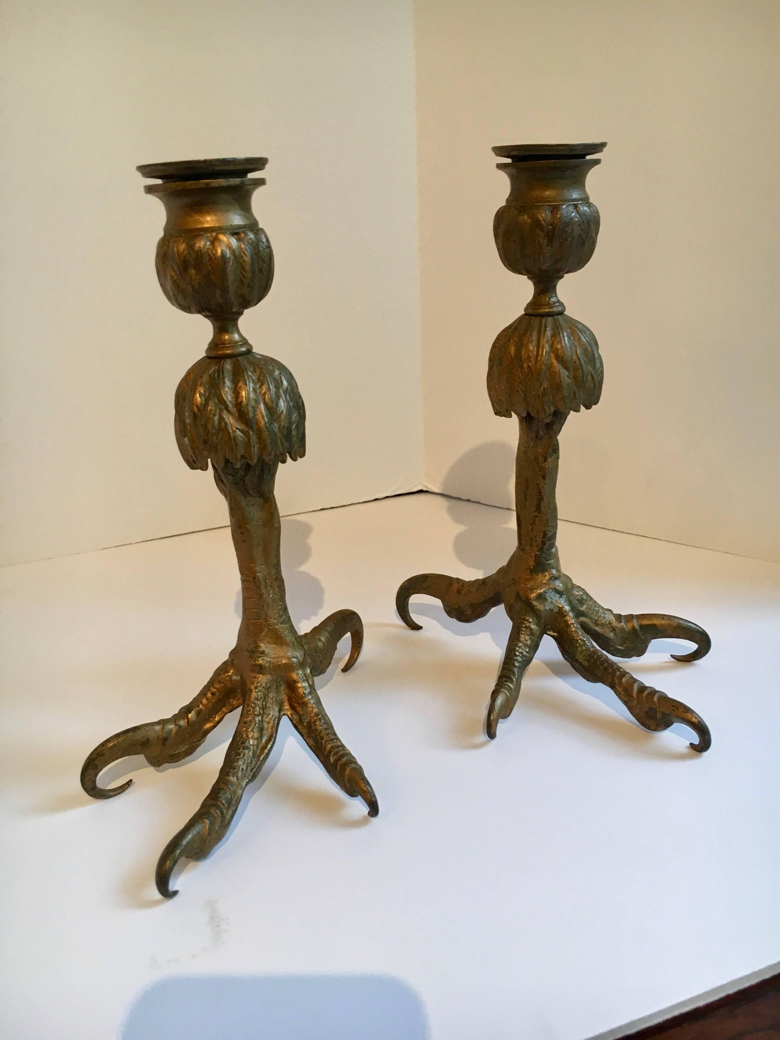 Pair gold Talon foot candle holders - great for any table or counter top... amazing design. Detailed sculpting feather on foot to claw.