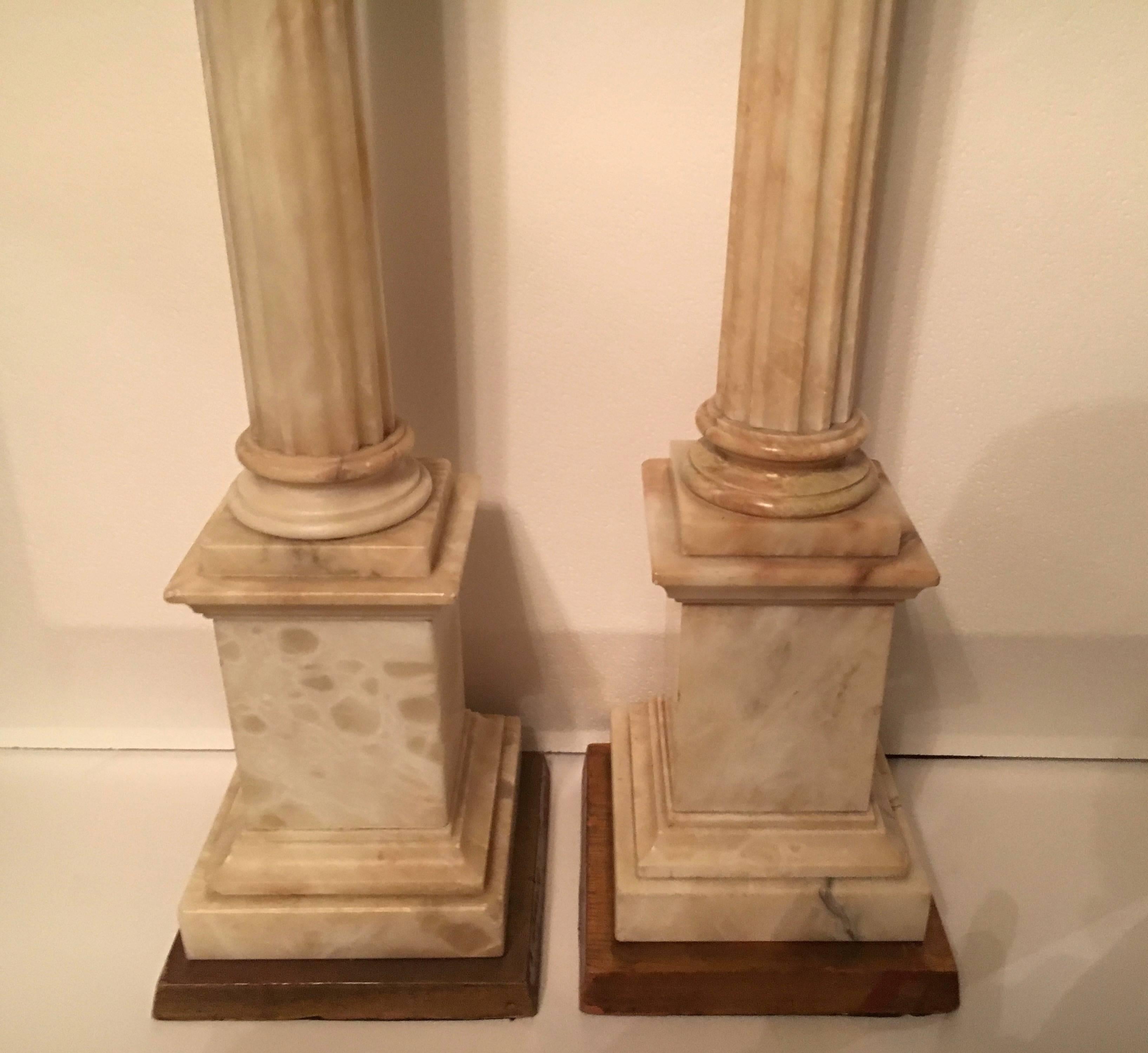Brass Pair of Marble Column Lamps on Gold Leaf Base