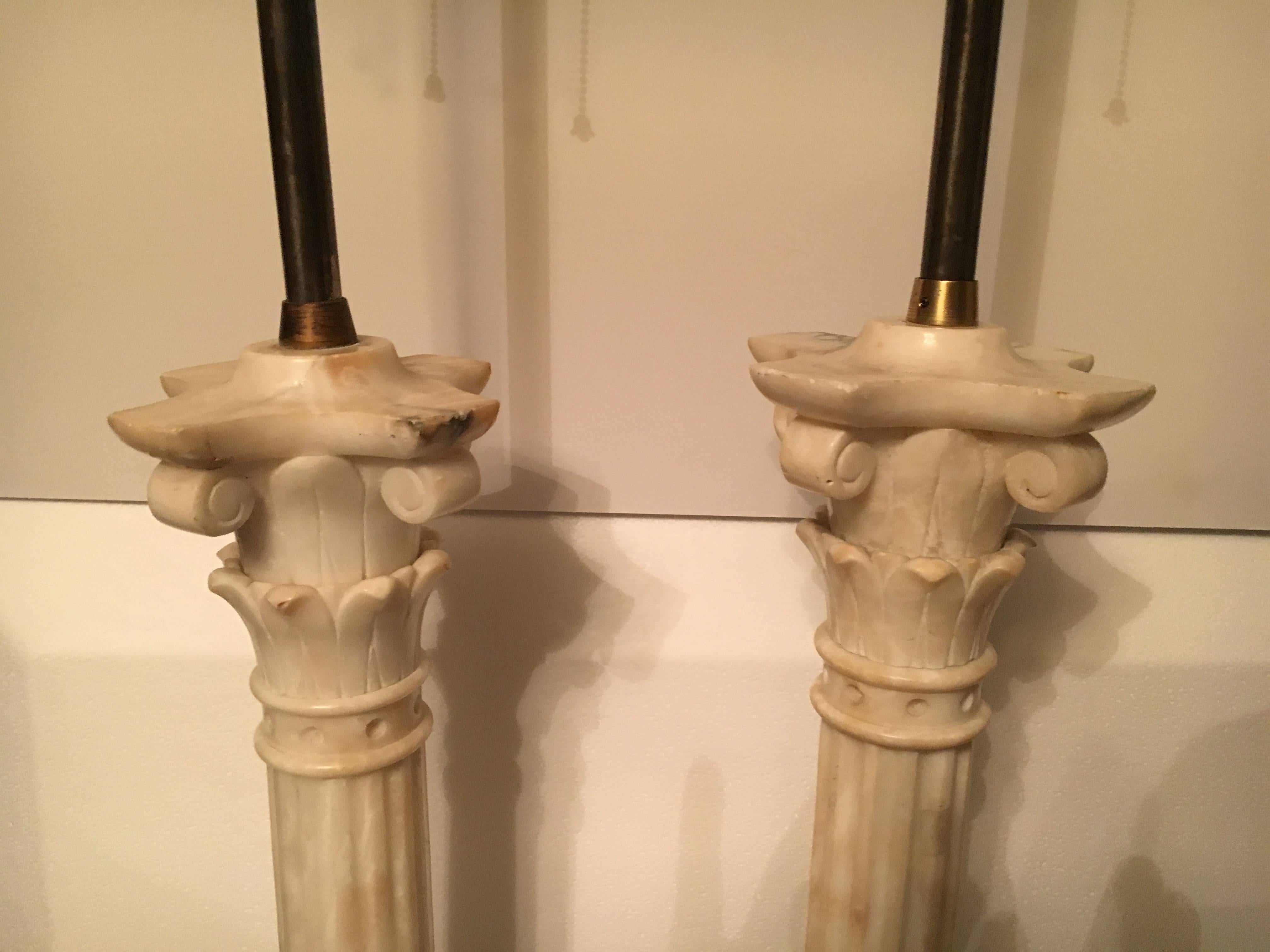 20th Century Pair of Marble Column Lamps on Gold Leaf Base