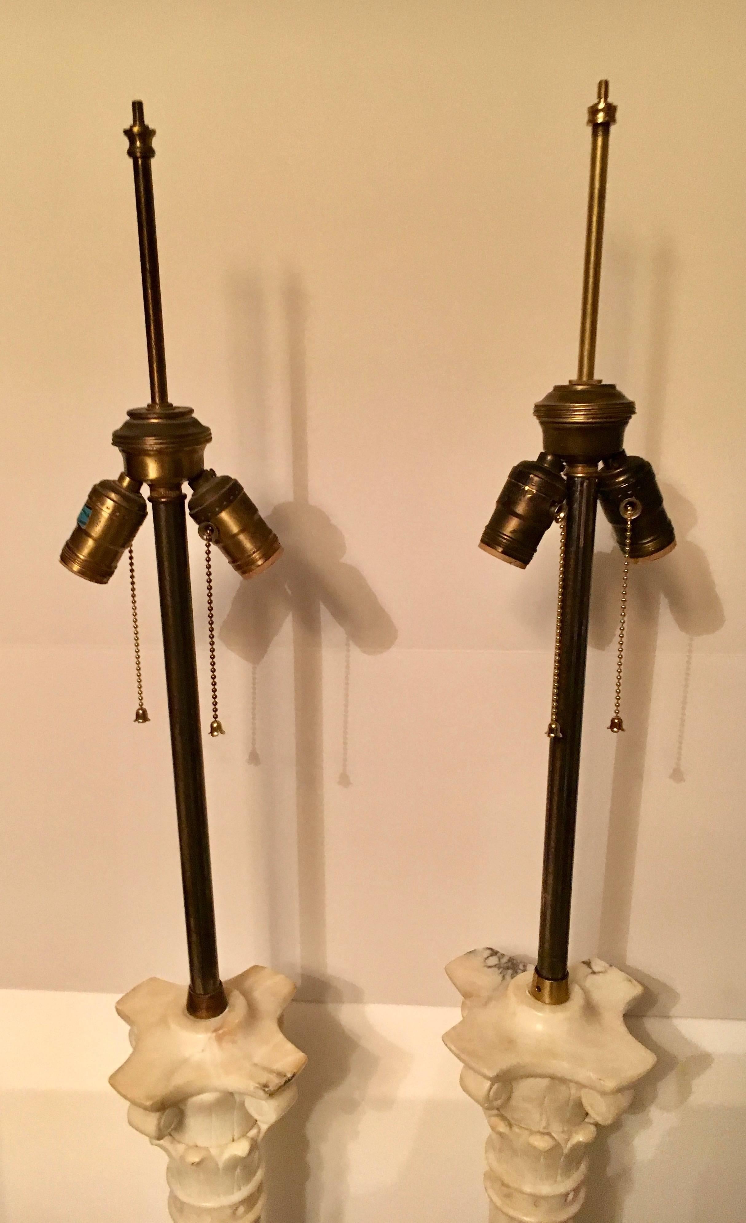 Mid-Century Modern Pair of Marble Column Lamps on Gold Leaf Base