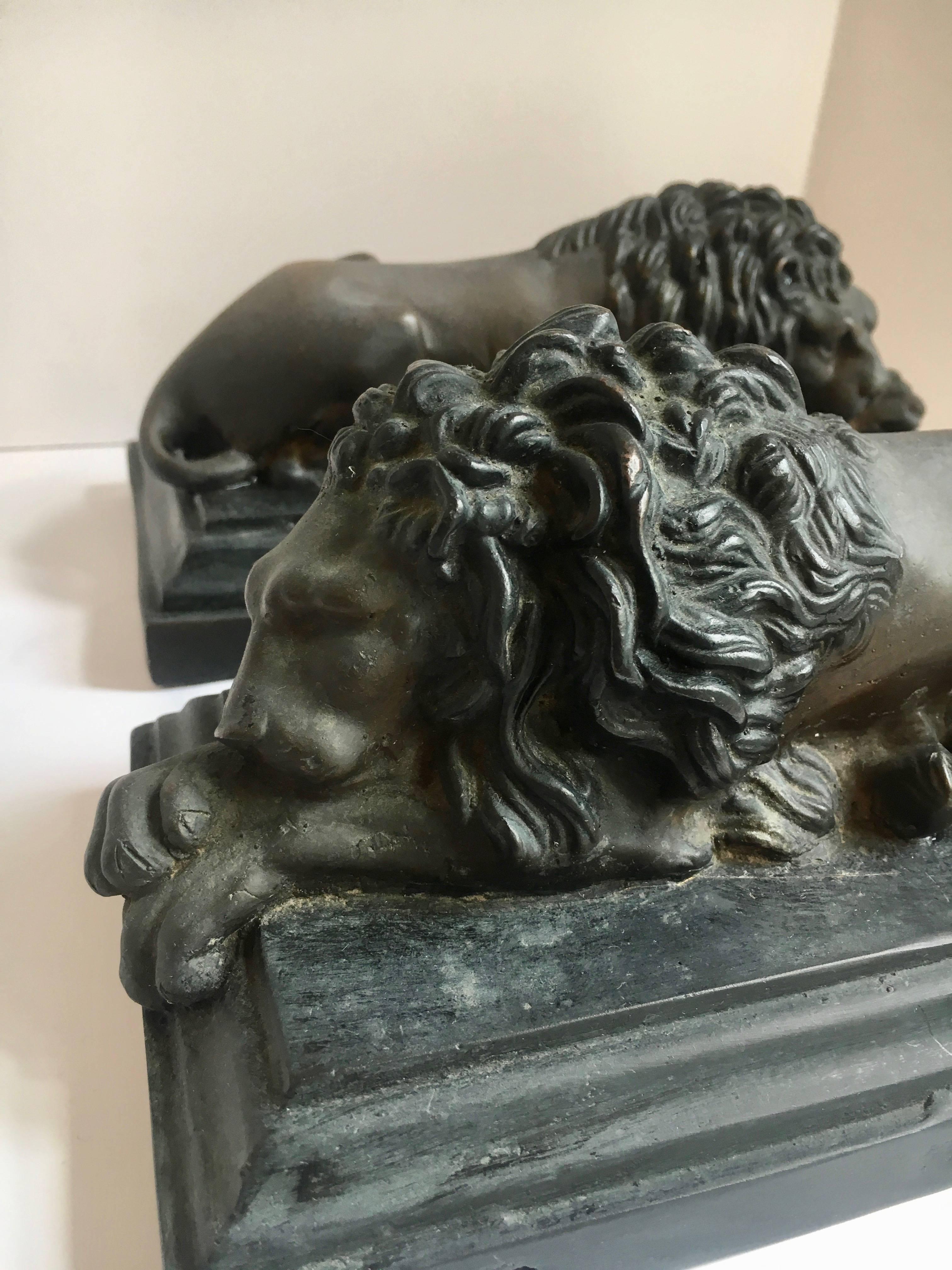 20th Century Pair of Bronze Recumbent Lion Sculpture Bookends