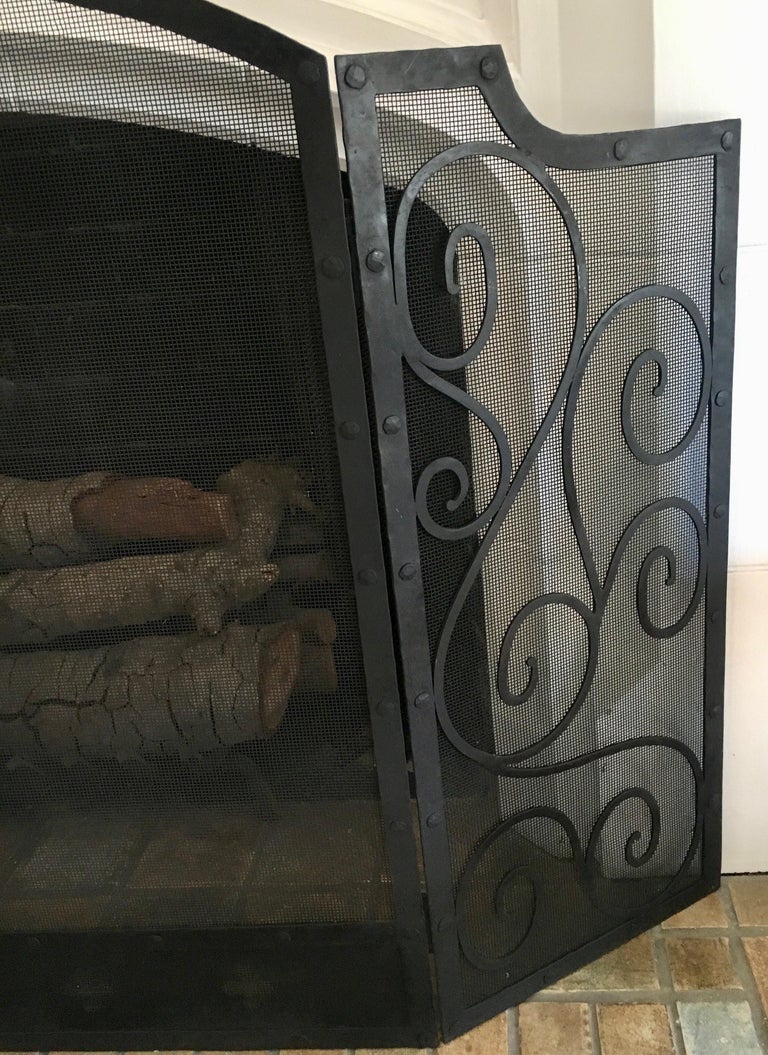 Black Three Panel Wrought Iron Folding Fireplace Screen With Scroll Black Three Panel Wrought Iron Folding Fireplace Screen With Scroll Detail In Excellent Condition For
