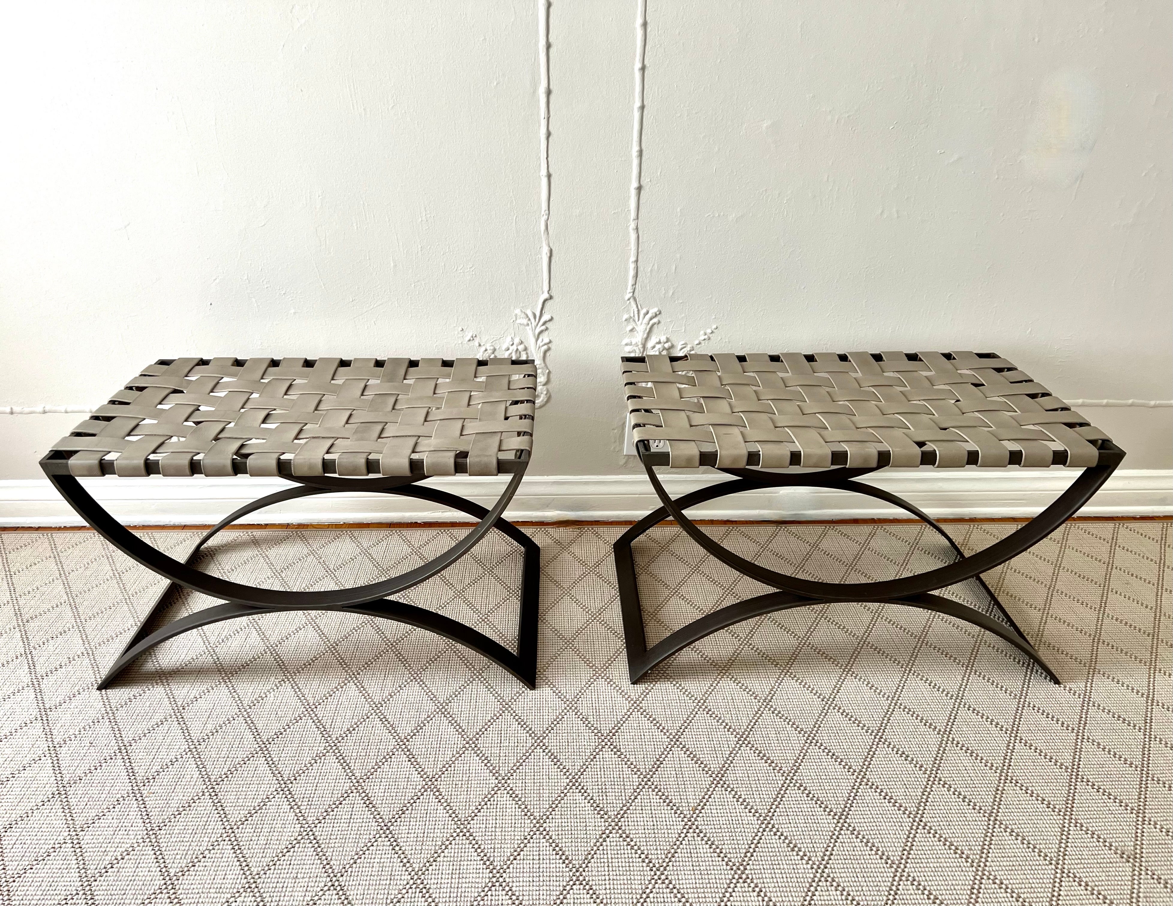 Pair of Modern Wrought Iron and Woven Taupe Leather Benches For Sale