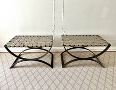 Pair of Modern Wrought Iron and Woven Taupe Leather Benches