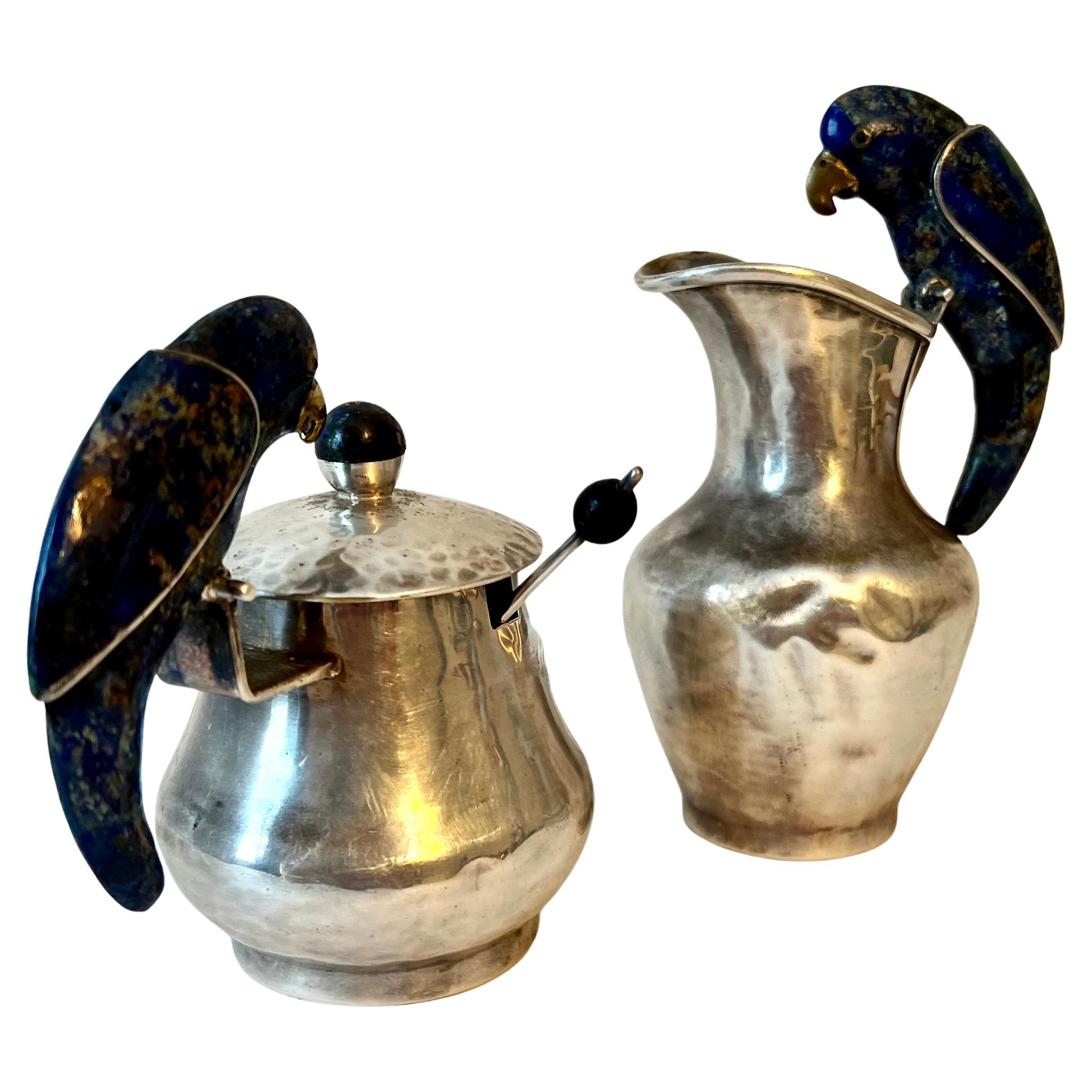 Pair of Los Castillo Signed Mexican Sterling Cream and Sugar with Lapis Birds For Sale