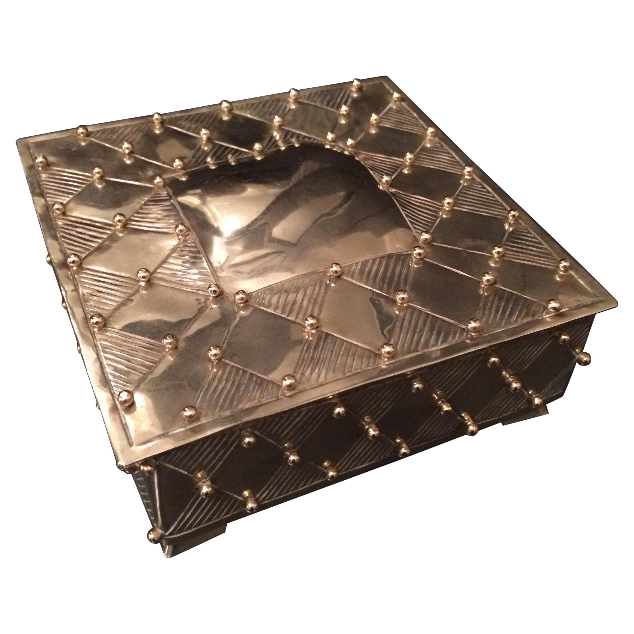 Beautiful 'Harlequin' check pattern silver plate box with brass bead details is a stunning addition to the desk, vanity or any shelf in your home. Great for jewelry, mementos, paper clips, 420, etc. The inside is lined in black velvet.