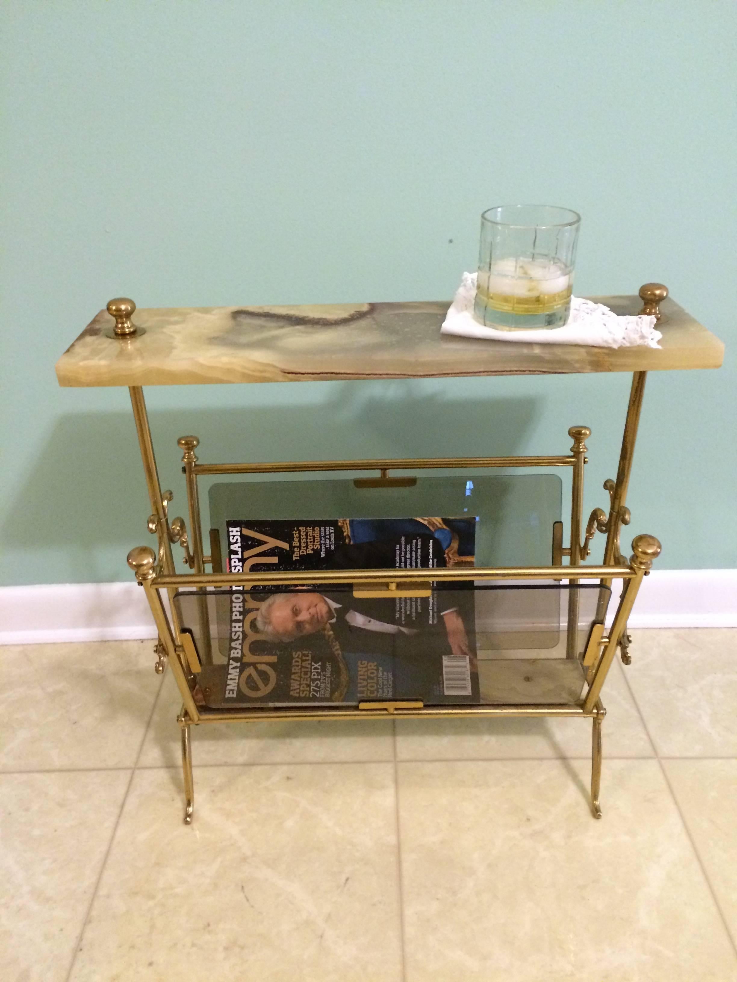 20th Century French Brass Magazine Rack with Marble Table
