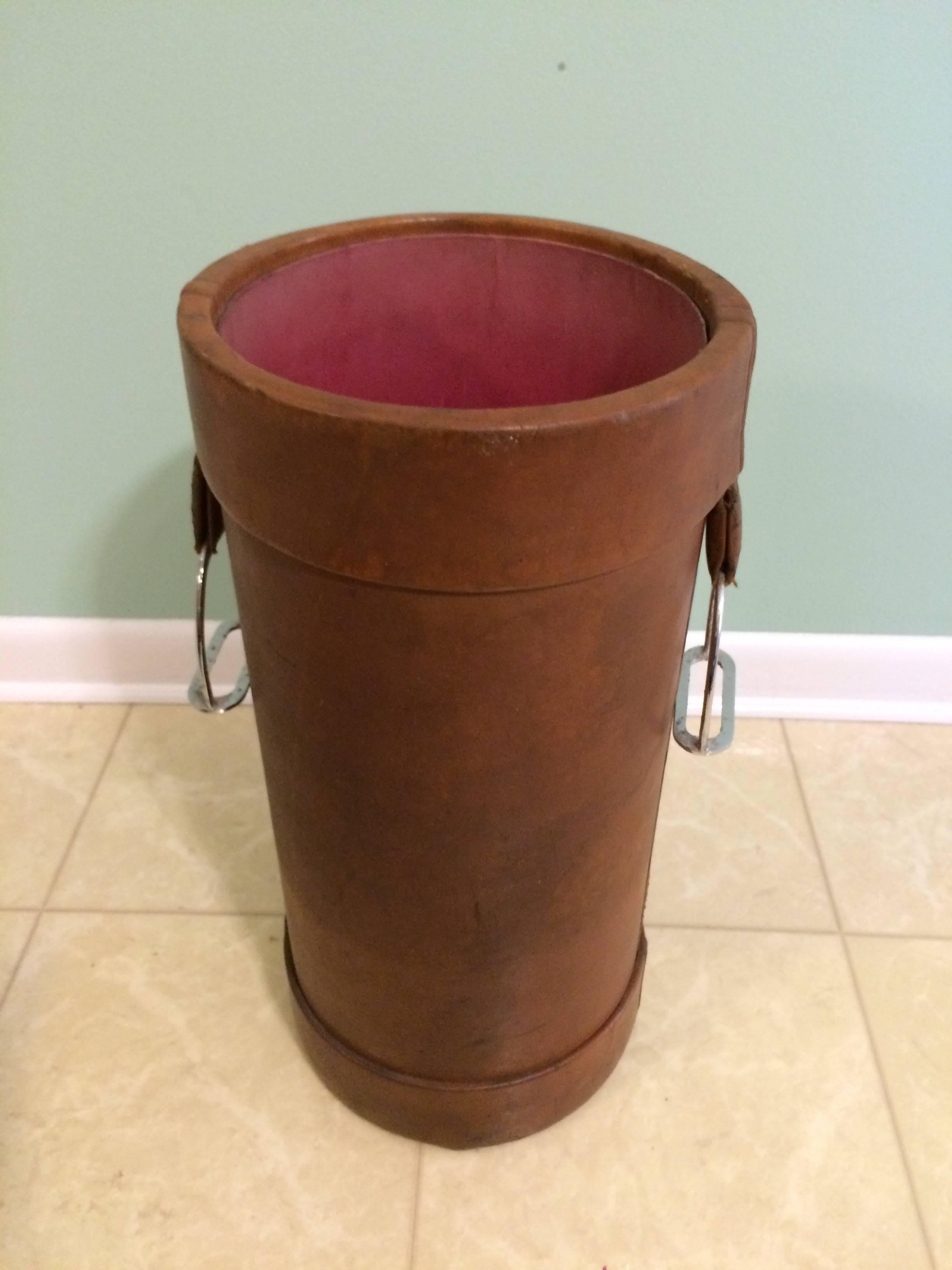 French Leather Umbrella Stand with Stirrup Handles In Excellent Condition In Los Angeles, CA