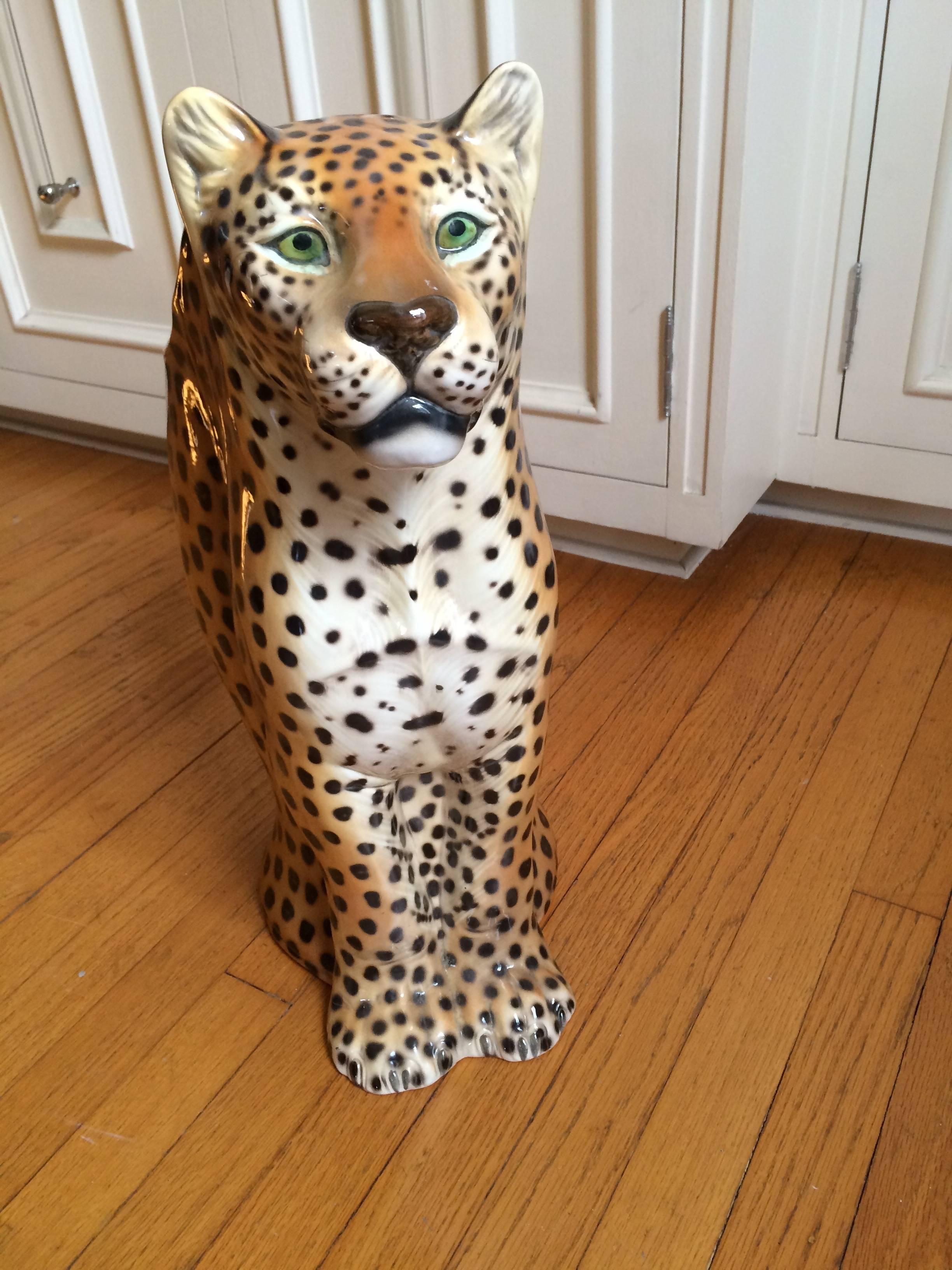 Italian Ceramic Leopard Umbrella Standard In Excellent Condition In Los Angeles, CA