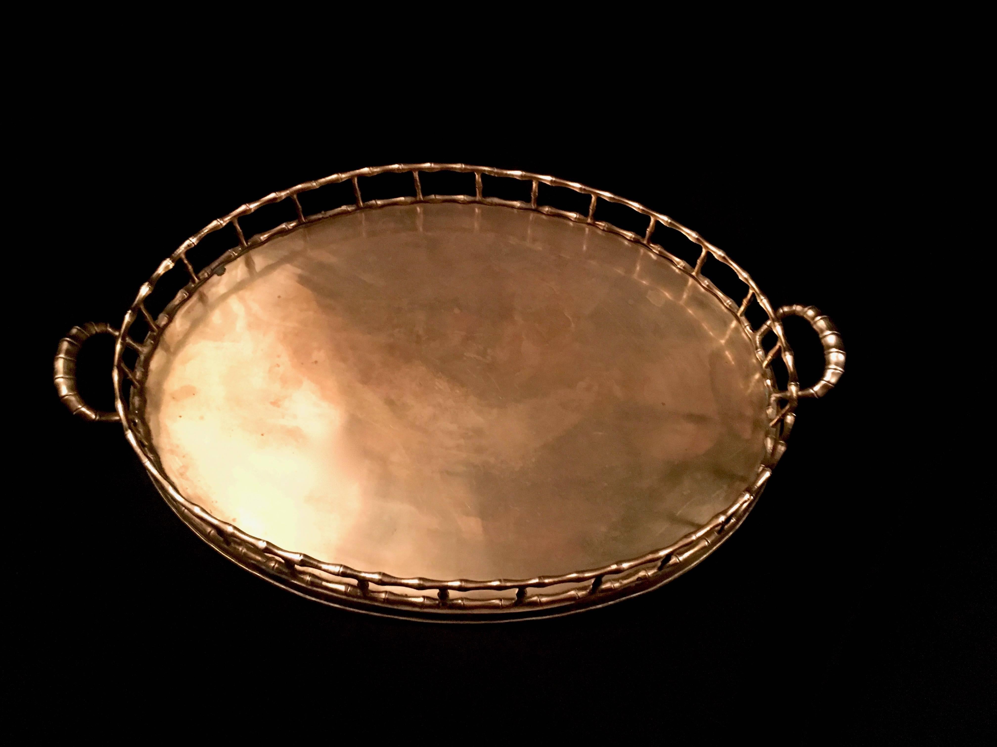 Large Oval Brass Bamboo Tray In Excellent Condition In Los Angeles, CA