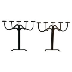 Pareja De Candelabros De Hierro Brutalistas Artesanales Con 5 Portavelas