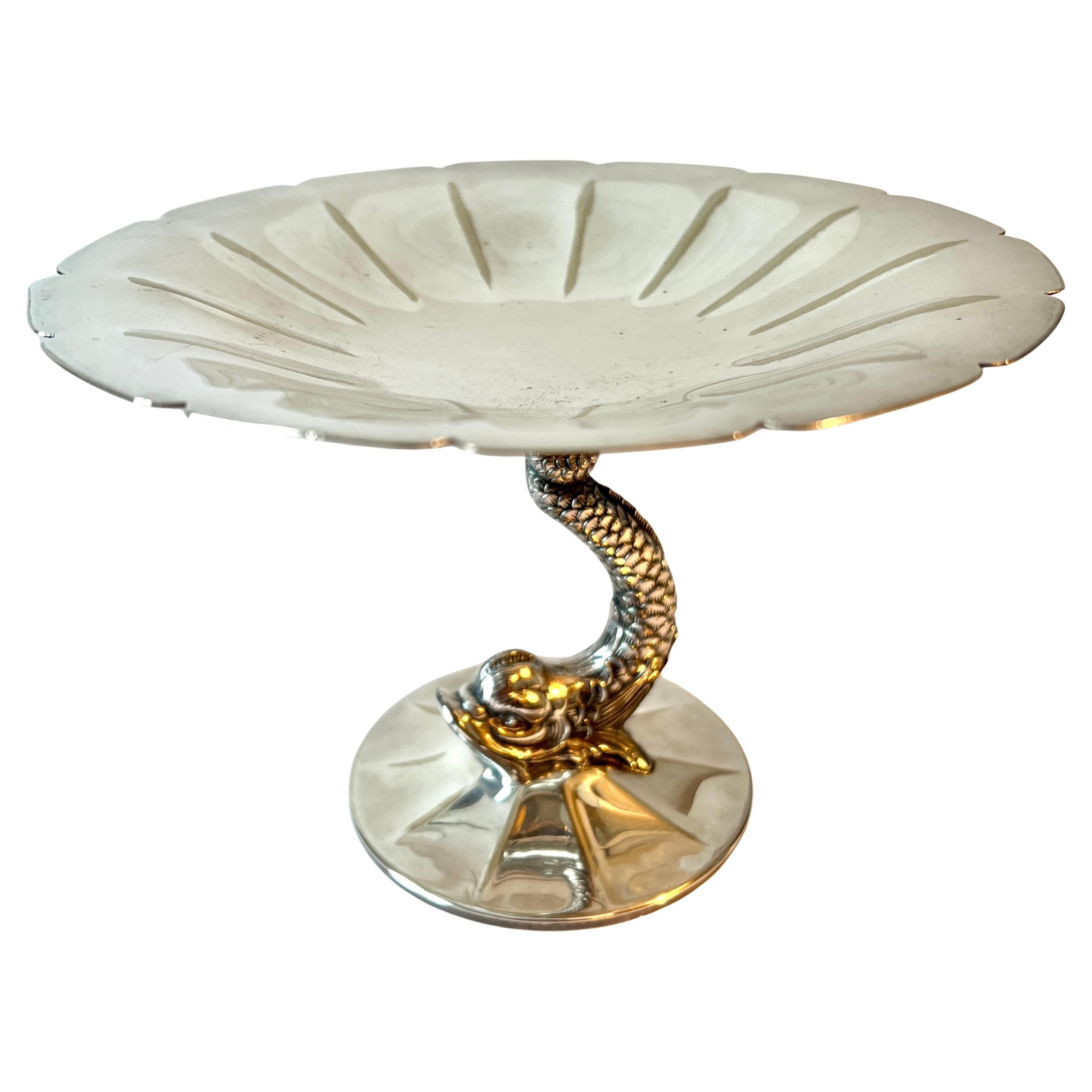 Silver Plate Dolphin Pedestal Bowl with Fluted Top For Sale
