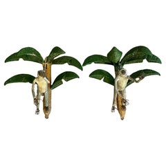 Pair of Mario Torres Lopez Rattan Monkeys in Palm Tree Sconces