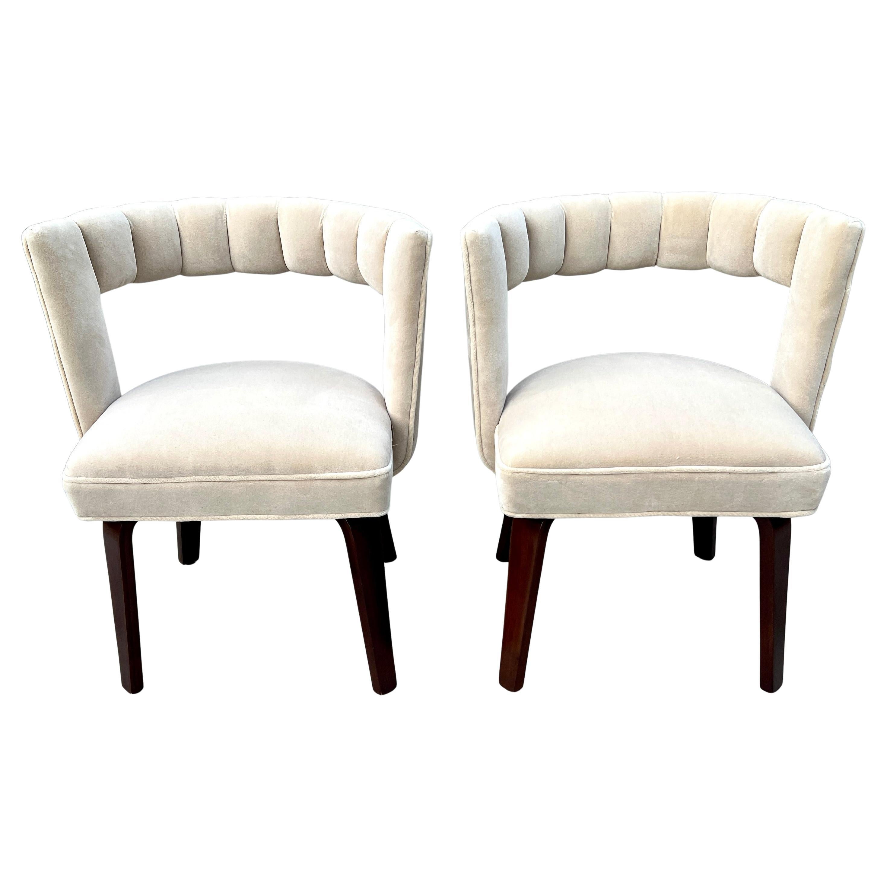 Pair Thonet Side Chairs Scalloped and Ribbed Open Back and Bronze Nail Heads For Sale
