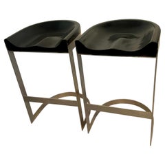 Pair of Warren Bacon Chrome & Wood Horseshoe Cantilever Bar Stools