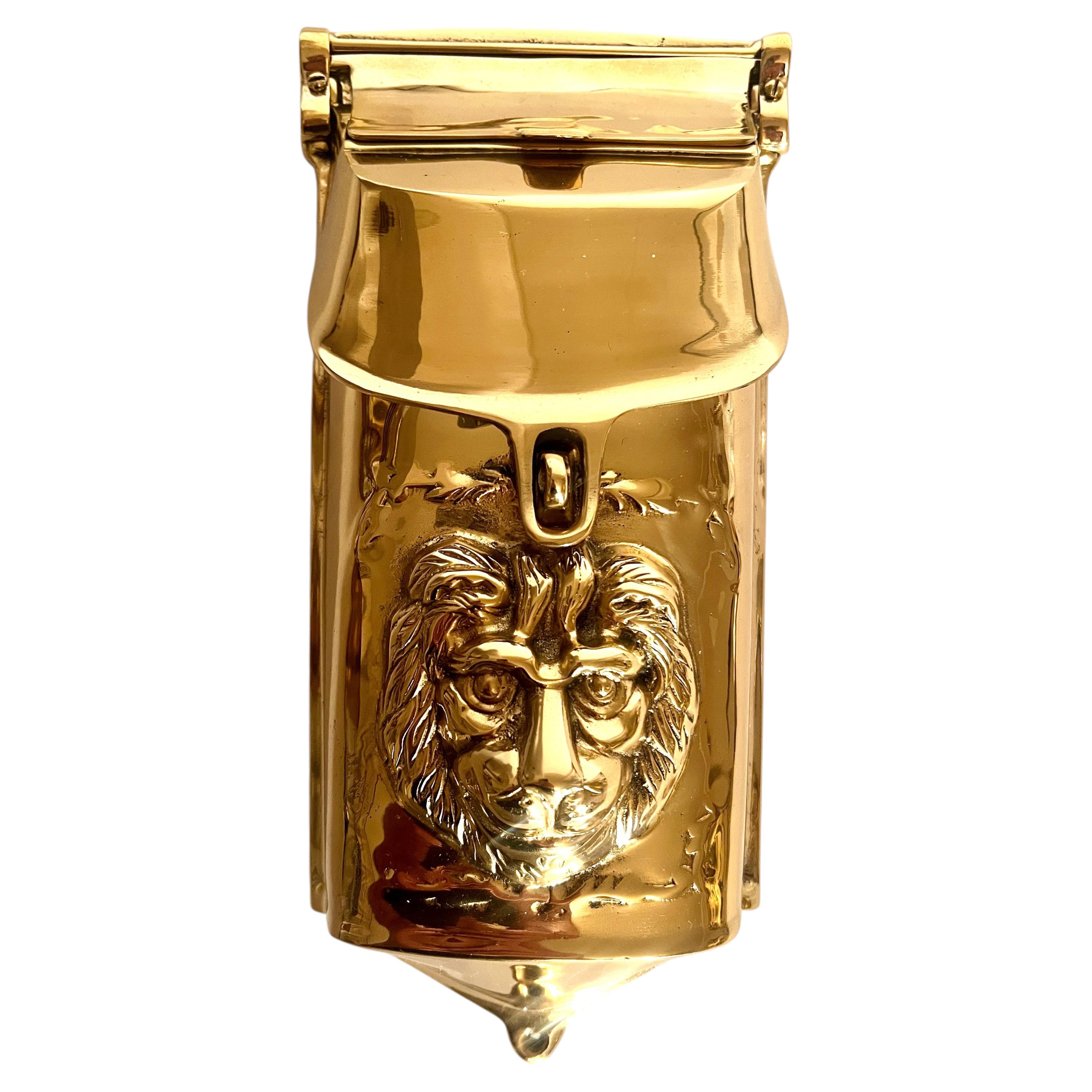 French Brass Vertical Mailbox with Repousse Lion - with Eye Hook for locking For Sale