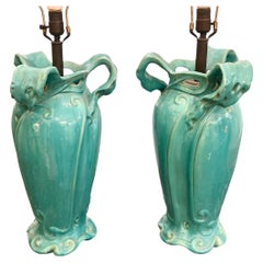Pair of Art Nouveau Turquoise Ceramic Table Lamps in the style of Amphora