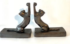 Vintage Art Deco Bronze Stretching Cat Bookends by Frank Sarsaparilla